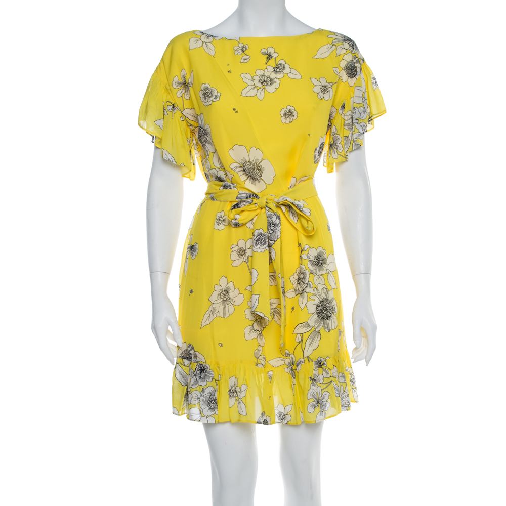 

Alice + Olivia Yellow Floral Print Chiffon Ruffled Ellamae Dress