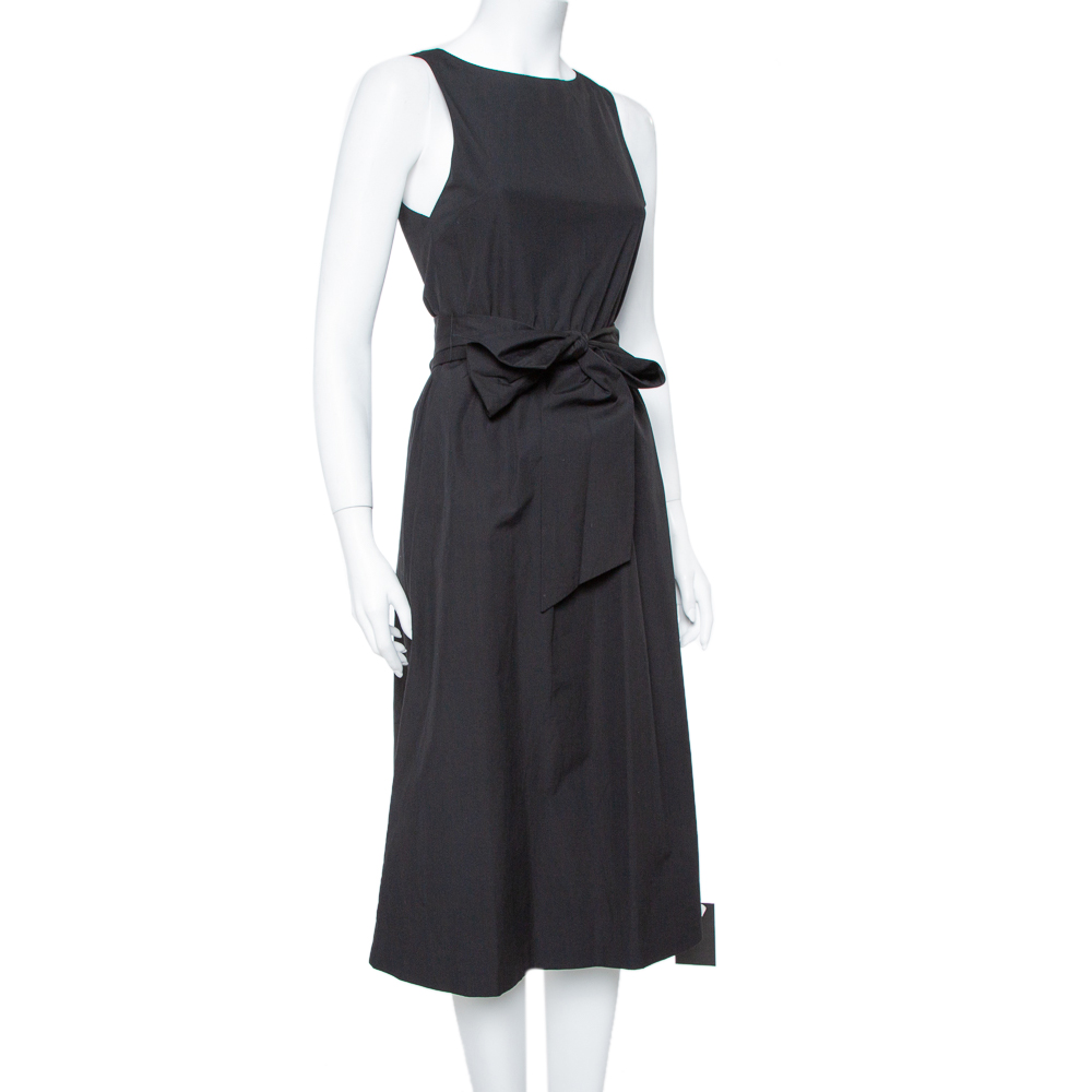 

Alice + Olivia Black Cotton Waist Tie Detail Brynlee Midi Dress