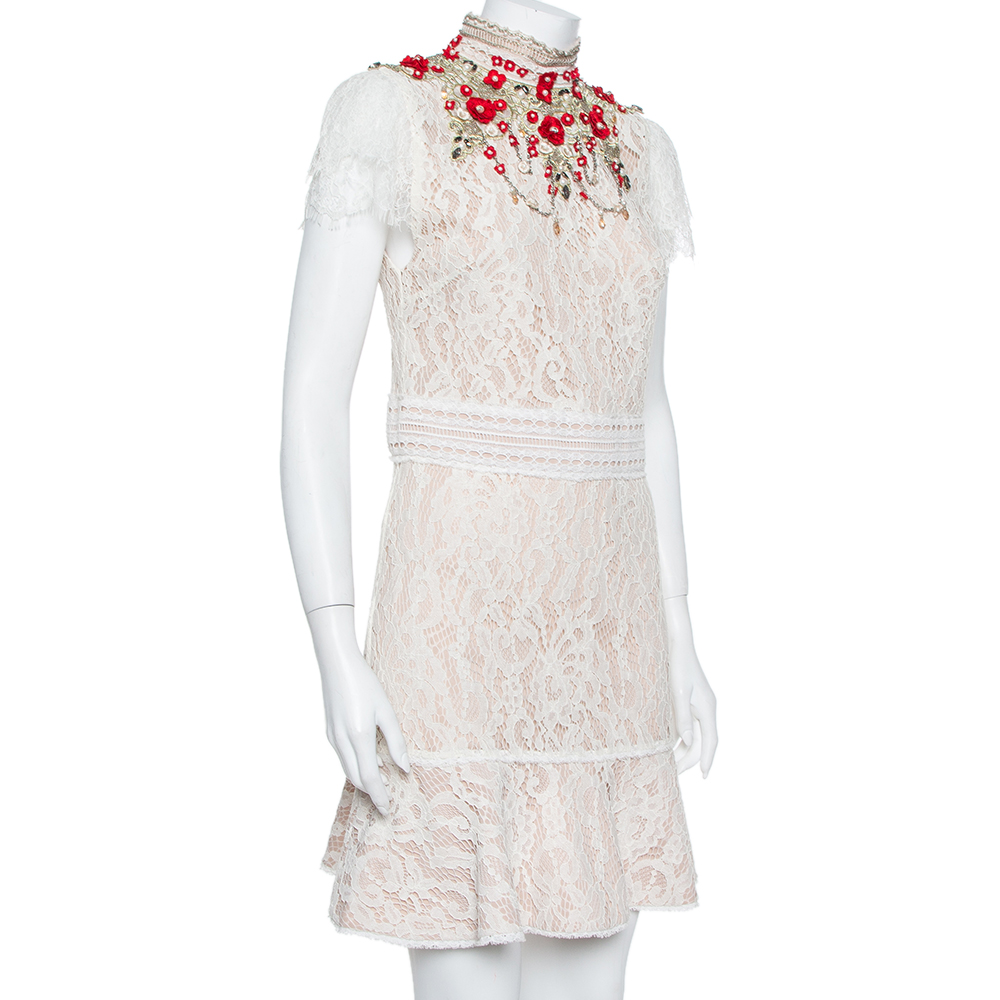 

Alice + Olivia Cream Lace Embellished Fit & Flare Francine Mini Dress