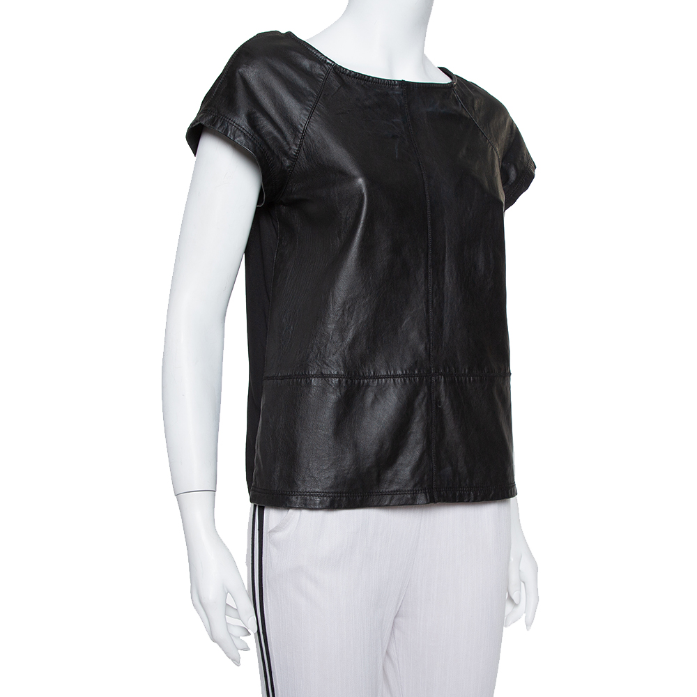 

Alice + Olivia Black Leather & Chiffon Paneled Short Sleeve Top