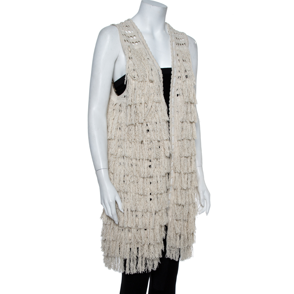 

Alice + Olivia Cream Crochet Knit Fringed Open Front Weiss Vest