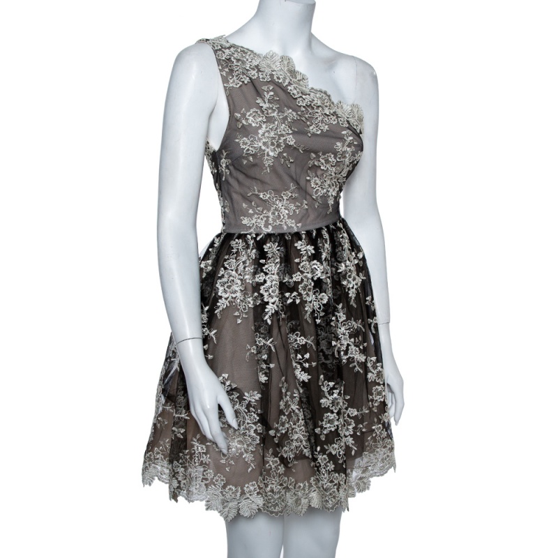 

Alice + Olivia Monochrome Embroidered Lace One Shoulder Morganne Dress, Black