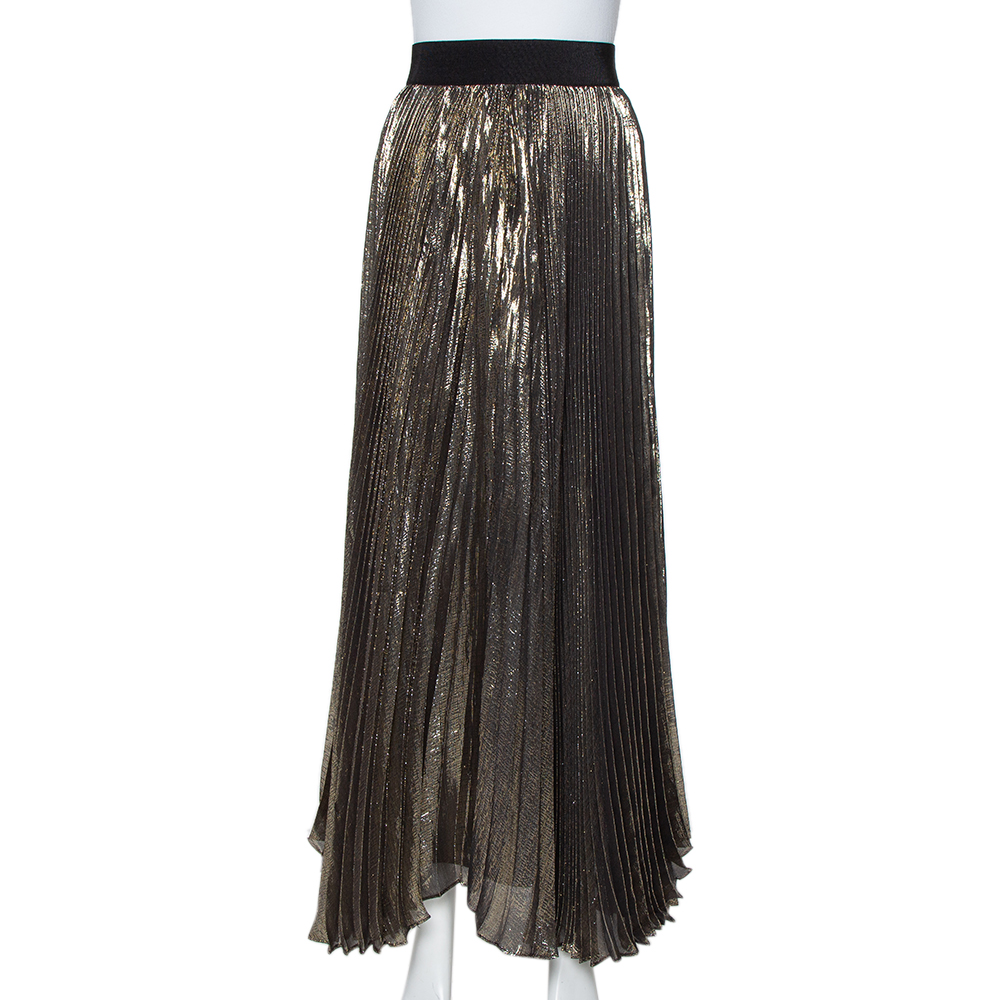 Pre-owned Alice And Olivia Gold & Black Silk Pleated Katz Maxi Skirt Xs
