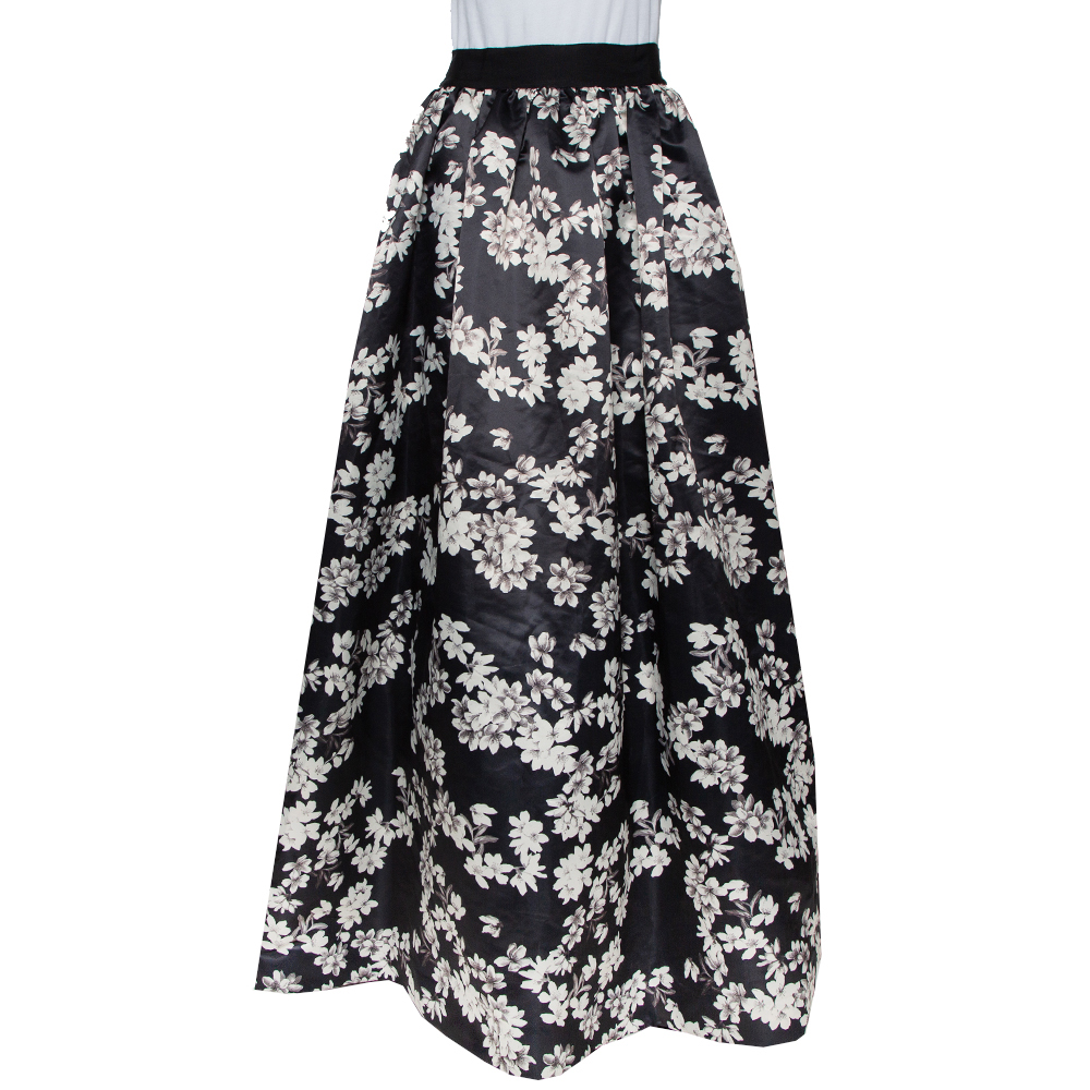 

Alice + Olivia Black Floral Printed Satin Tina Maxi Skirt
