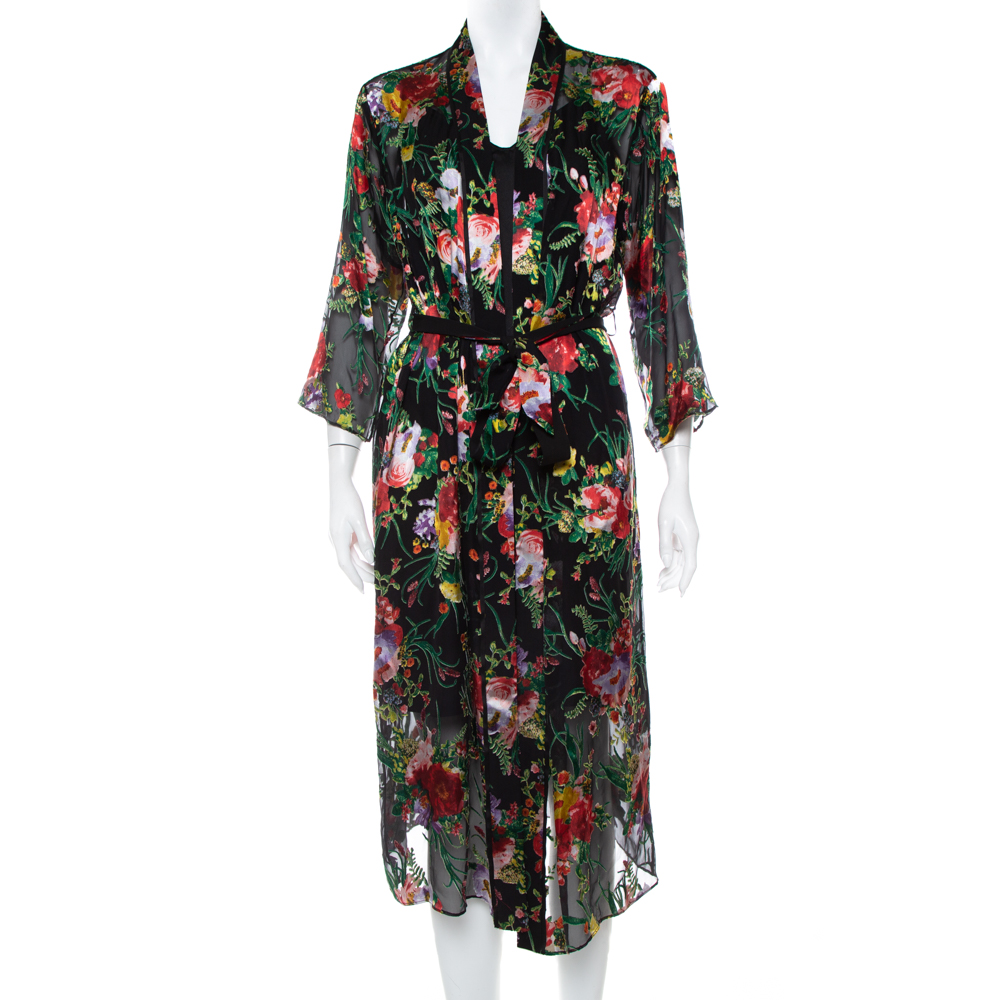 Pre-owned Alice And Olivia Black Rose Printed Devore Belted Robe Xs
