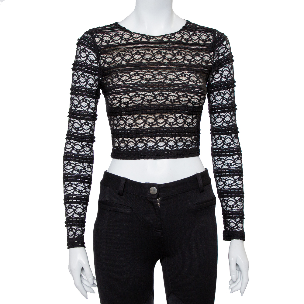 Pre-owned Alice And Olivia Black Lace Long Sleeve Rilo Crop Top Xs