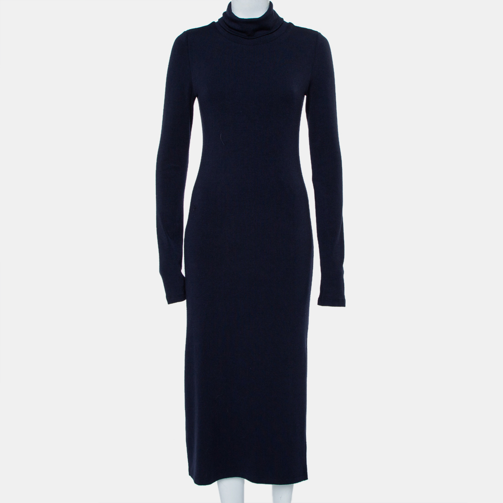 Pre-owned Alice And Olivia Navy Blue Knit Turtle Neck Long Sleeve Slit Detail Maxi Dress M