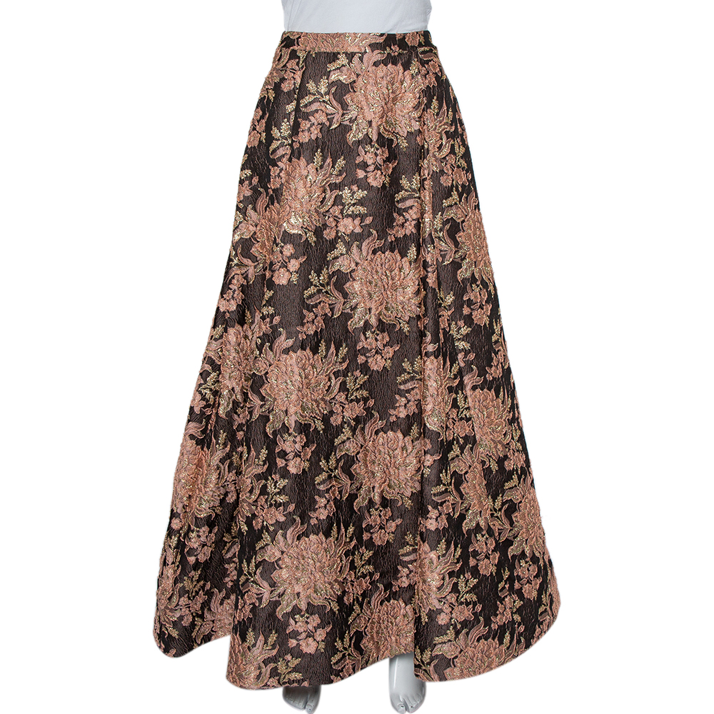 

Alice + Olivia Brown Lurex Floral Jacquard Pleated Rachelle Maxi Skirt S