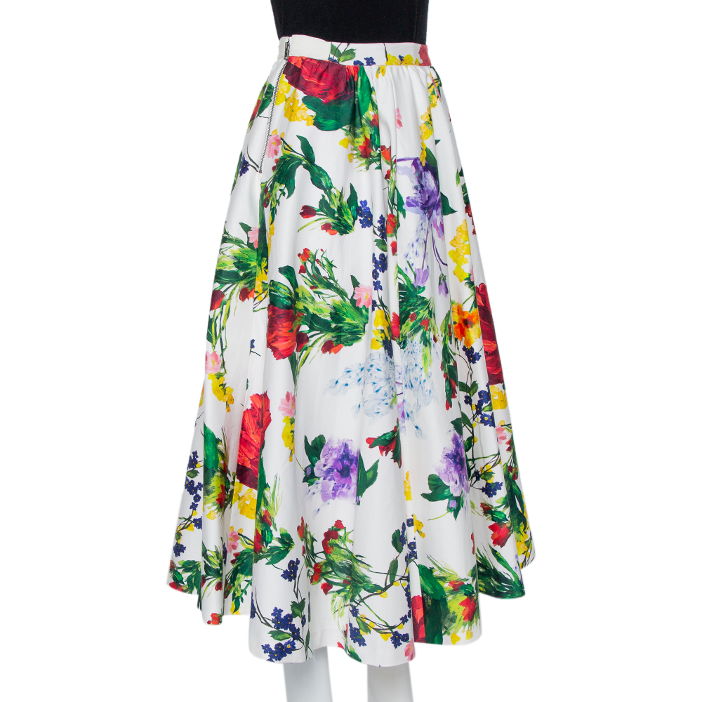 

Alice + Olivia White Floral Printed Cotton Flared Maxi Skirt