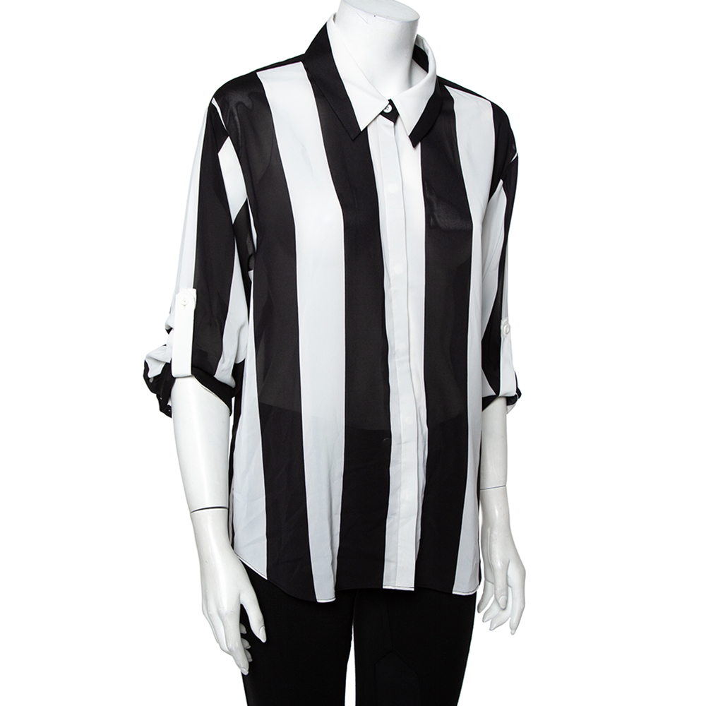 

Alice + Olivia Monochrome Striped Chiffon Button Front Shirt, Black