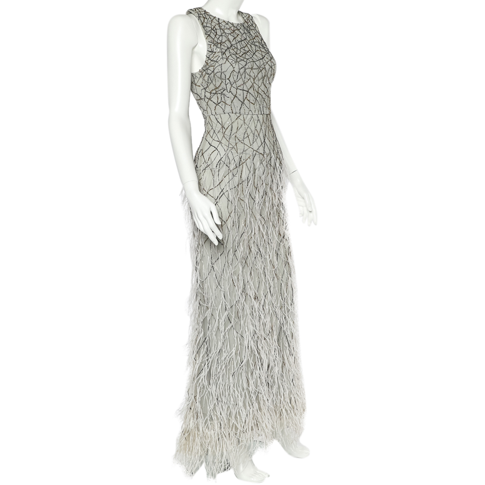

Alice+Olivia Grey Tulle Feather & Bead Embellished Vaughn Gown