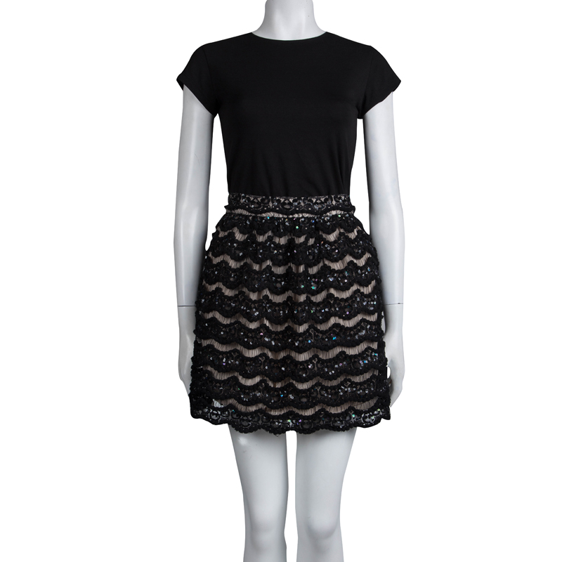 

Alice + Olivia Black Sequin Embellished Lace Overlay Skirt