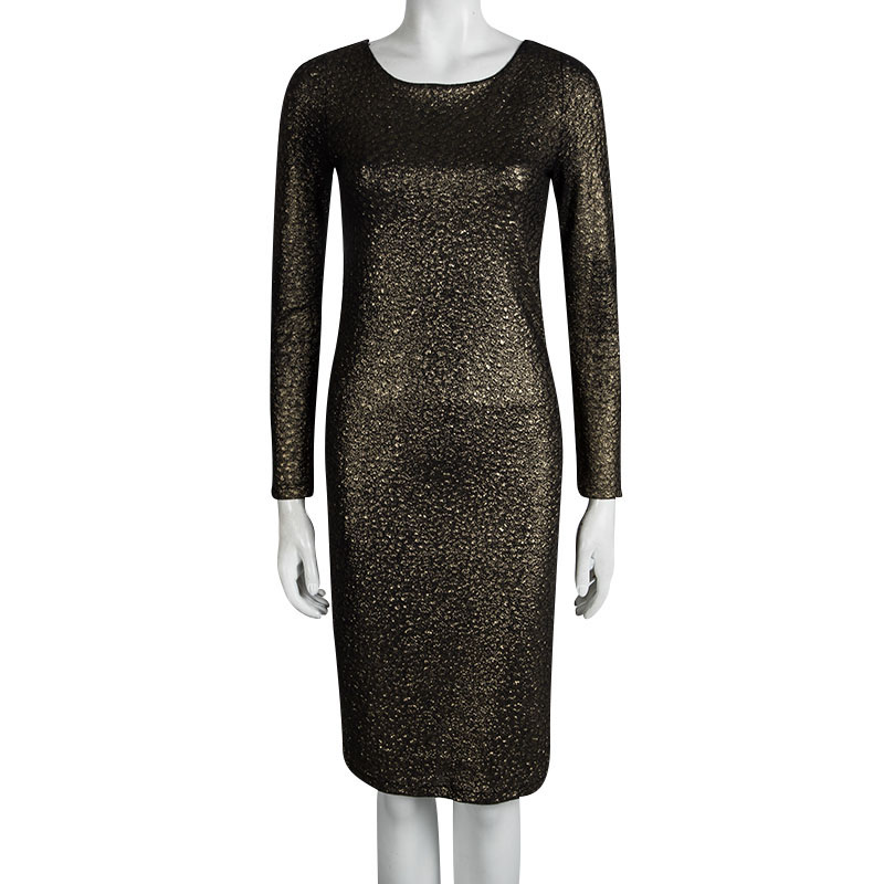 

Alice + Olivia Textured Gold Knit Sheer Back Detail Long Sleeve Dress