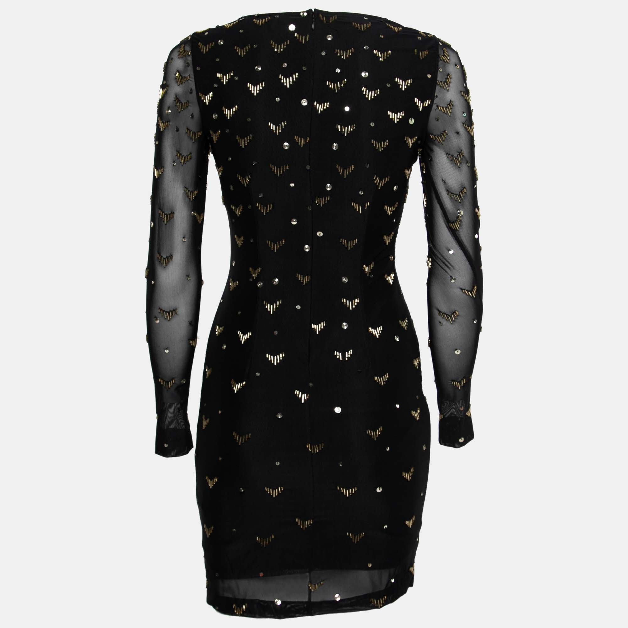 

Alice by Temperley Black and Gold Embellished Stretch Tulle Sapphire Pencil Dress