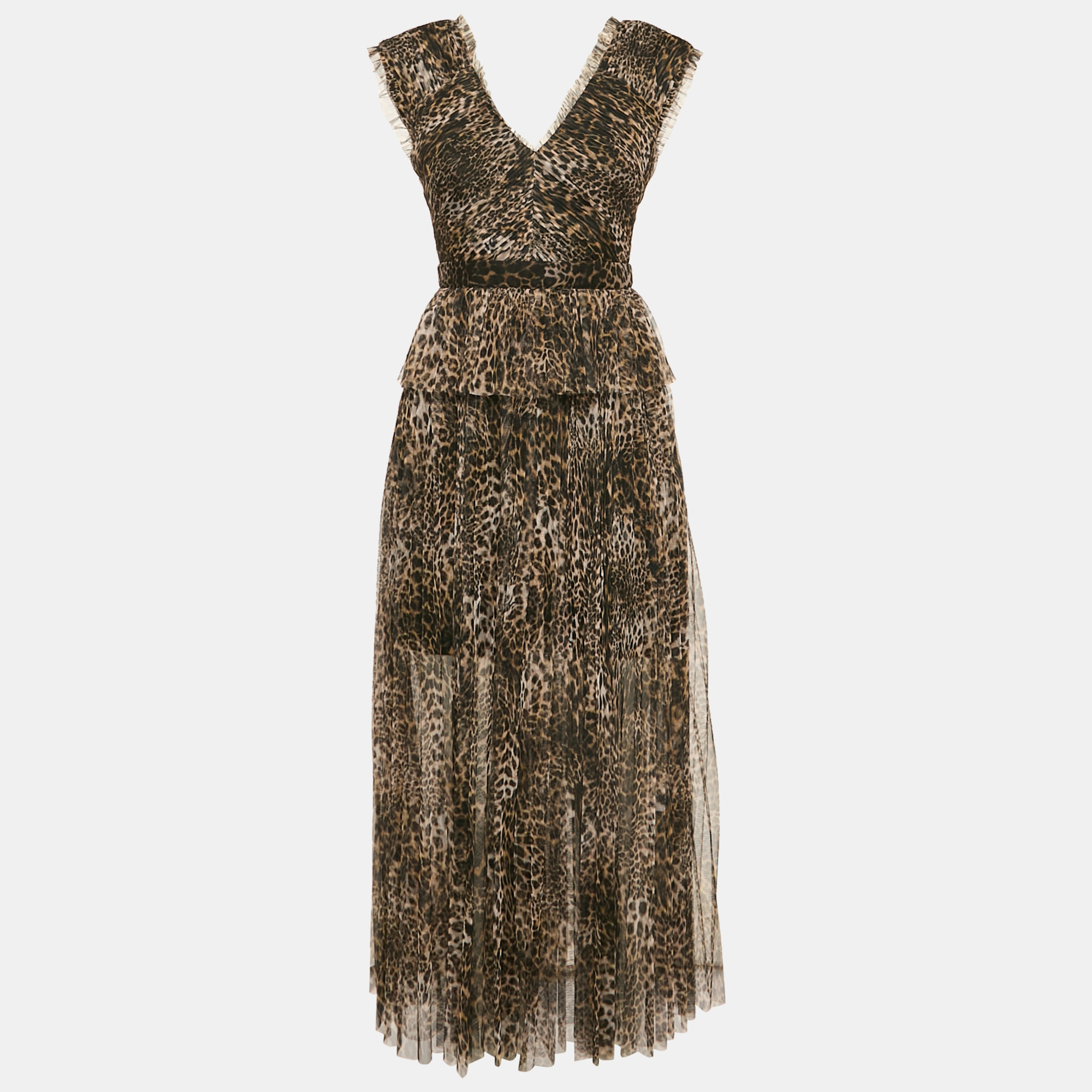 

All Saints Brown Leopard Print Tulle Pleated Midi Dress S