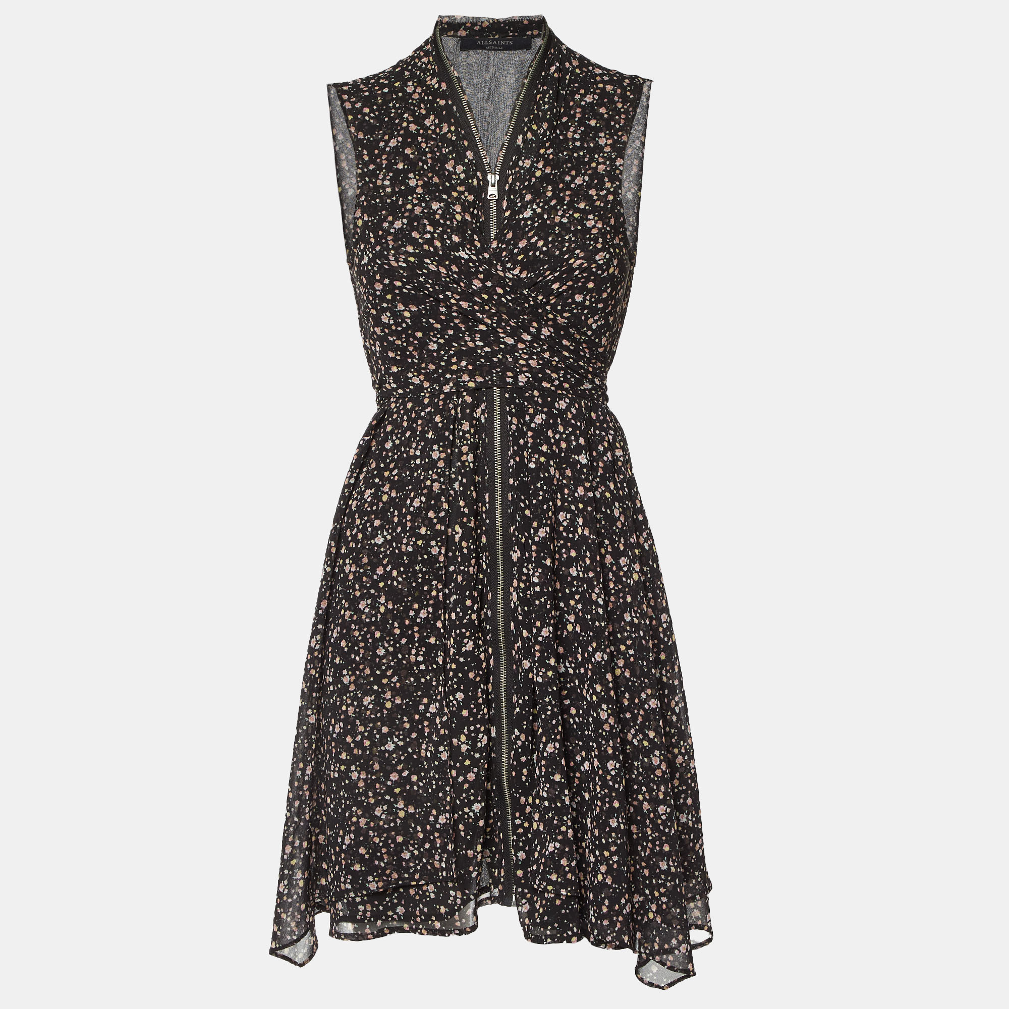 

All Saints Black Floral Print Crepe Zip Detail Mini Jayda Pepper Dress M