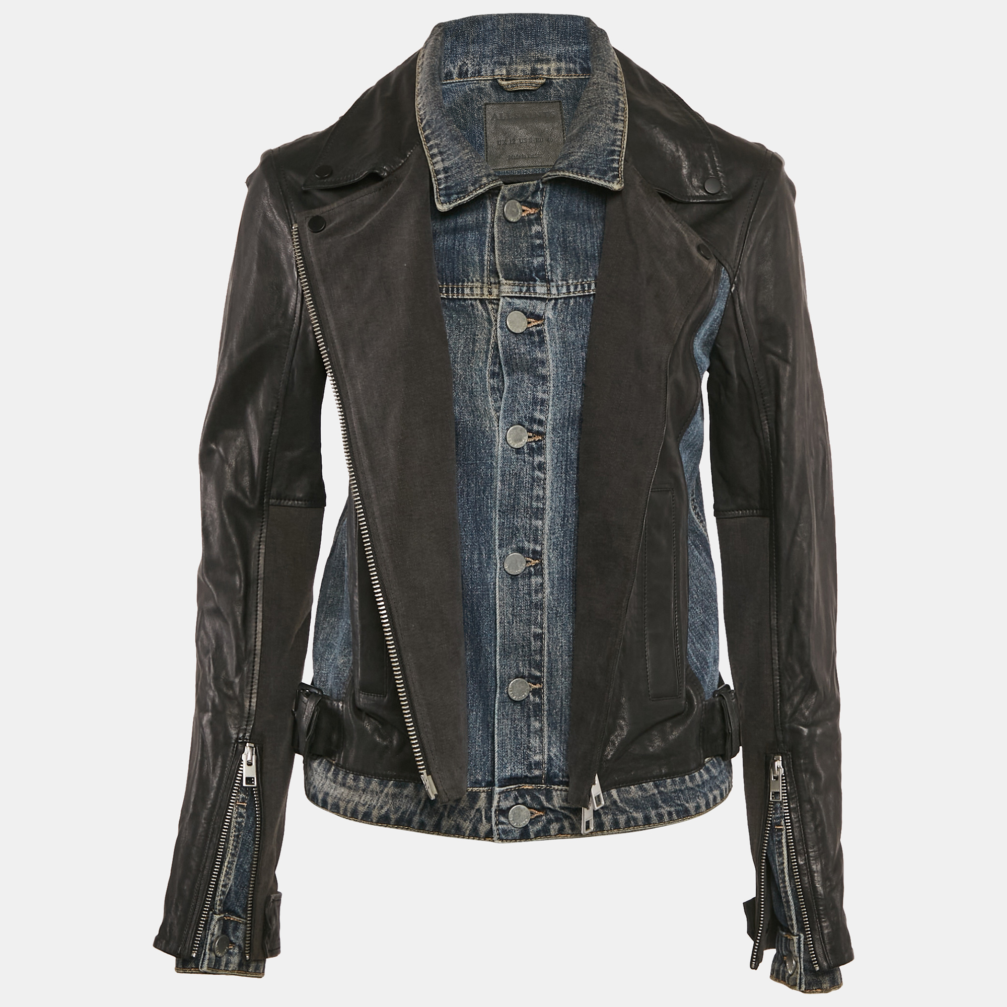 

All Saints Denim and Leather Zip-Up Biker Jacket M, Black