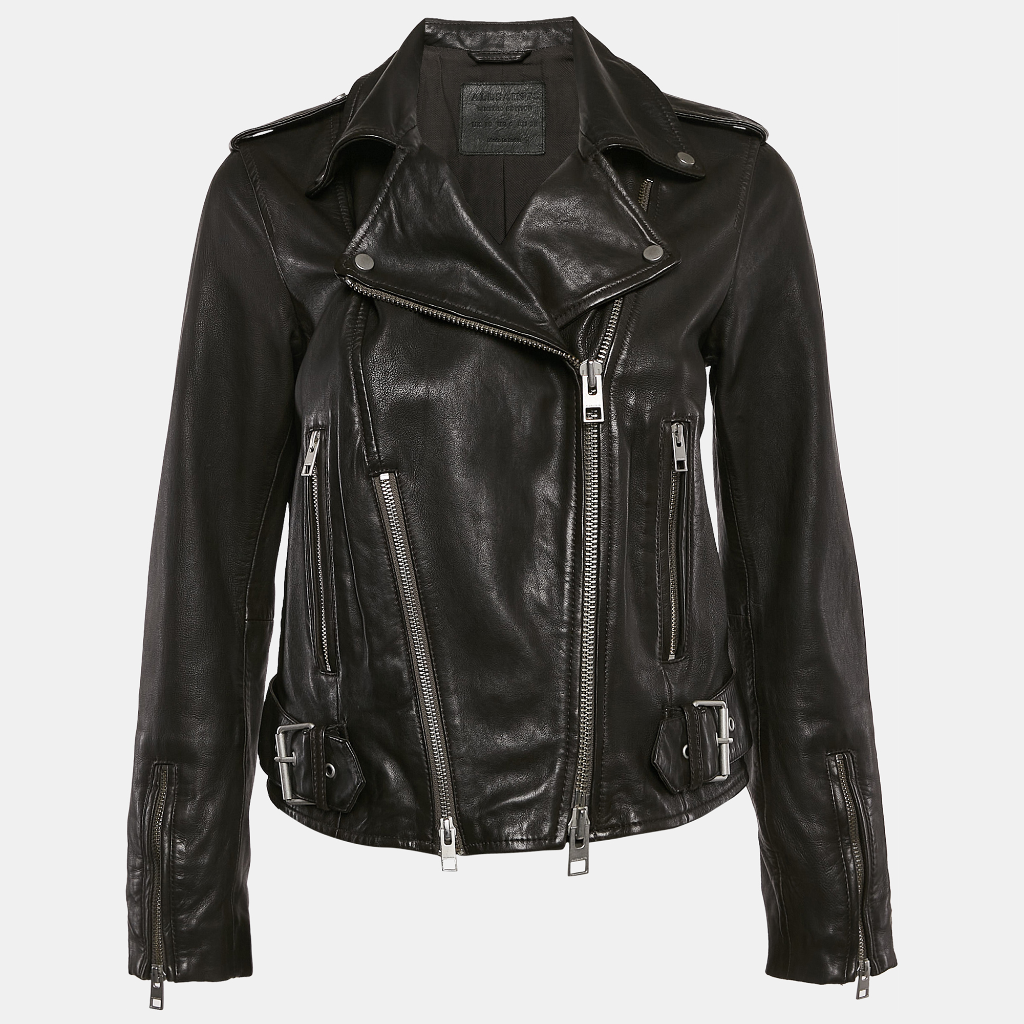 

AllSaints Charcoal Grey Leather Zip-Up Addison Biker Jacket M