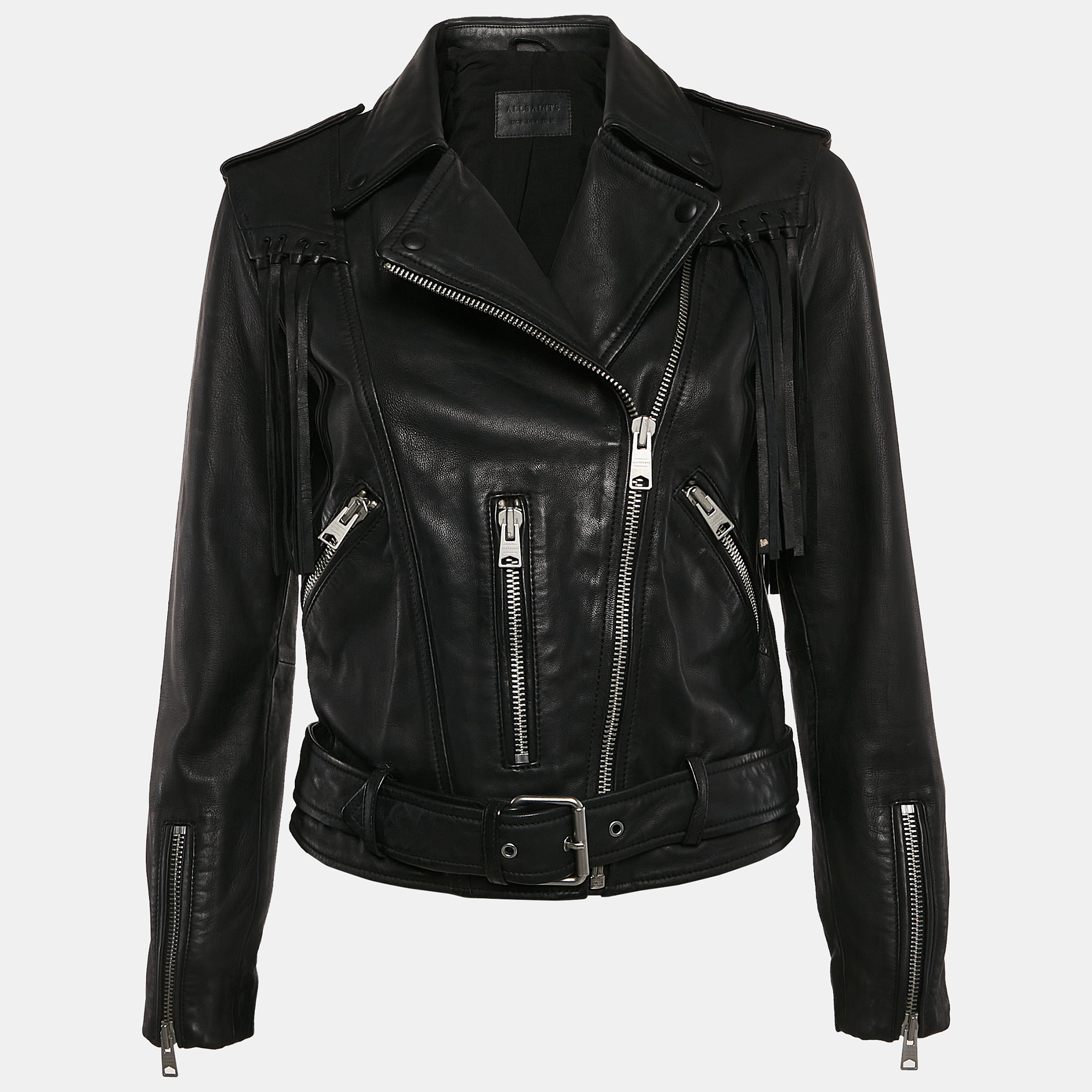 

All Saints Black Leather Zip-Up Tassel Detail Balfern Biker Jacket S