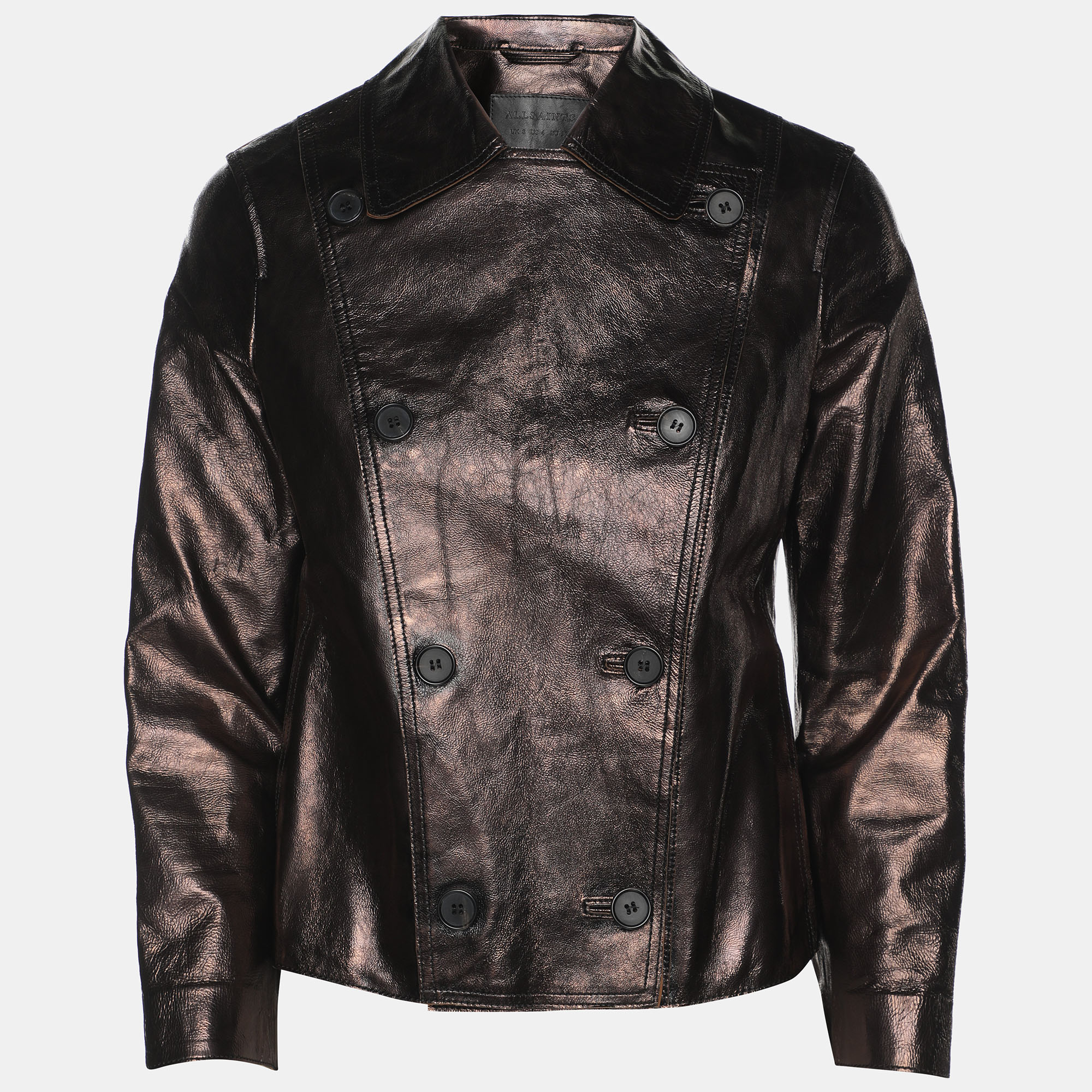 

All Saints Metallic Brown Leather Double Breasted Jacket S