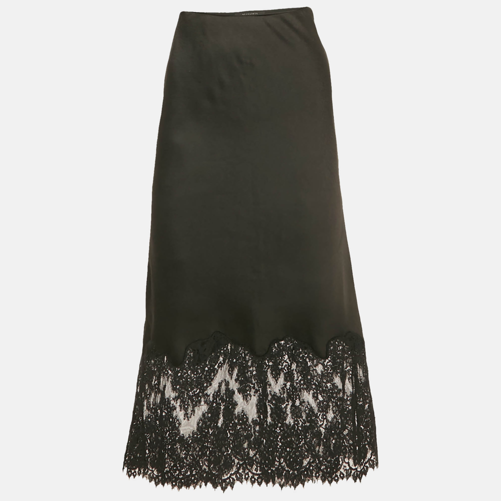 

All Saints Black Satin Lace Trim Bridgette Midi Skirt S