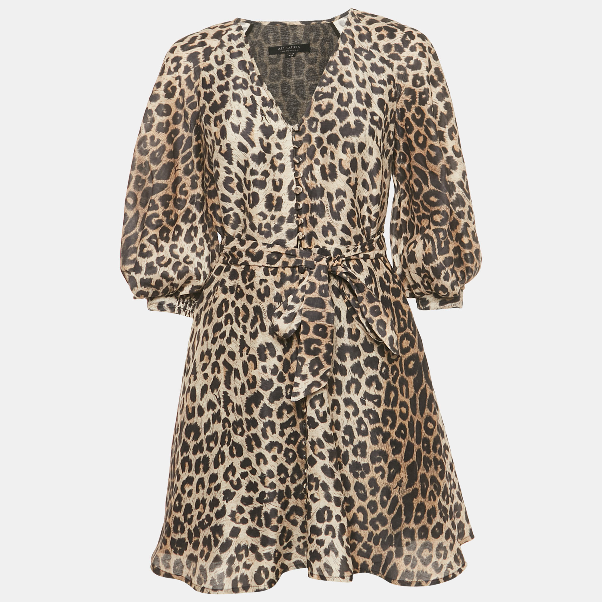 

All Saints Brown Leopard Print Linen Ilora Mini Dress S