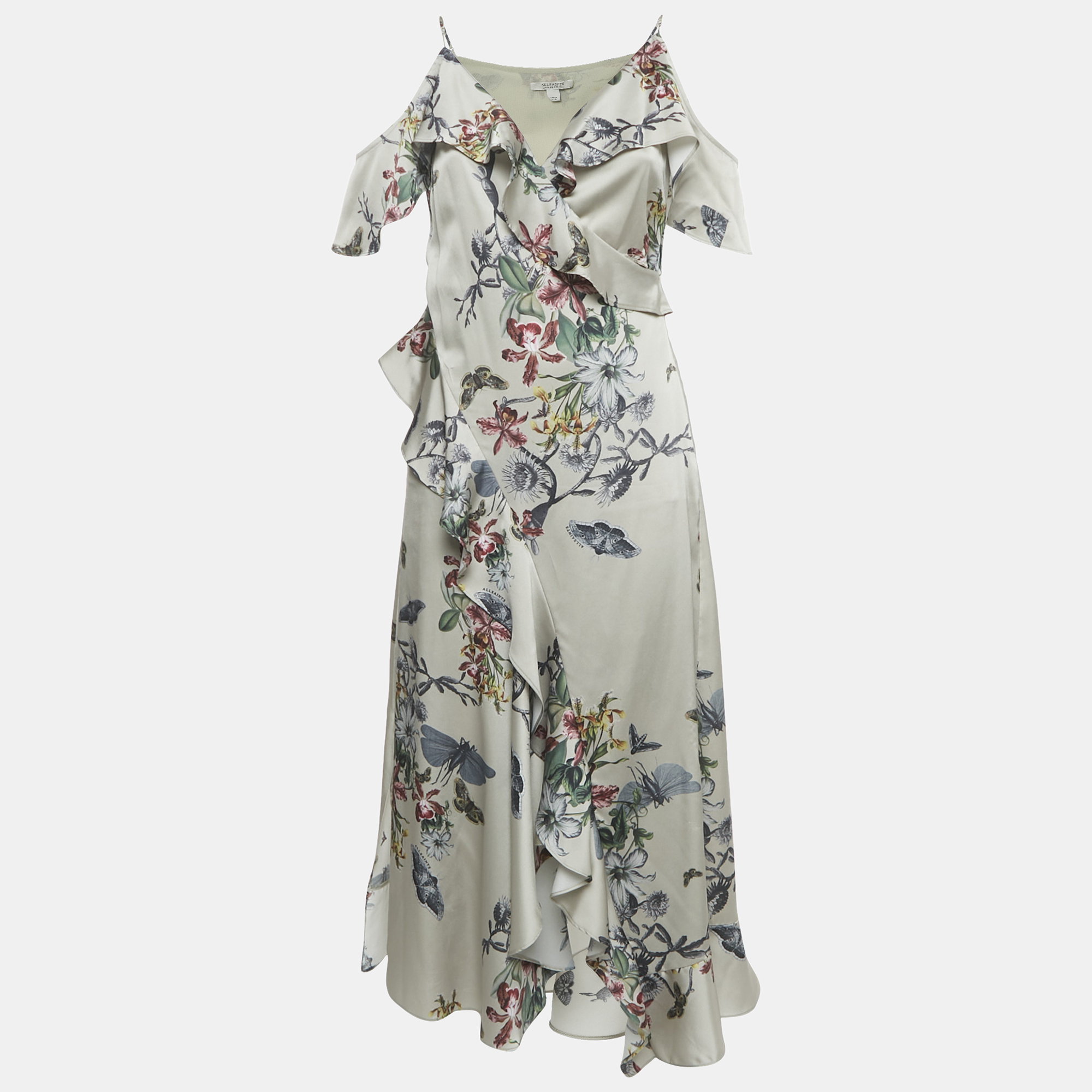 

All Saints Sage Green Printed Satin Orion Sanibel Midi Dress M