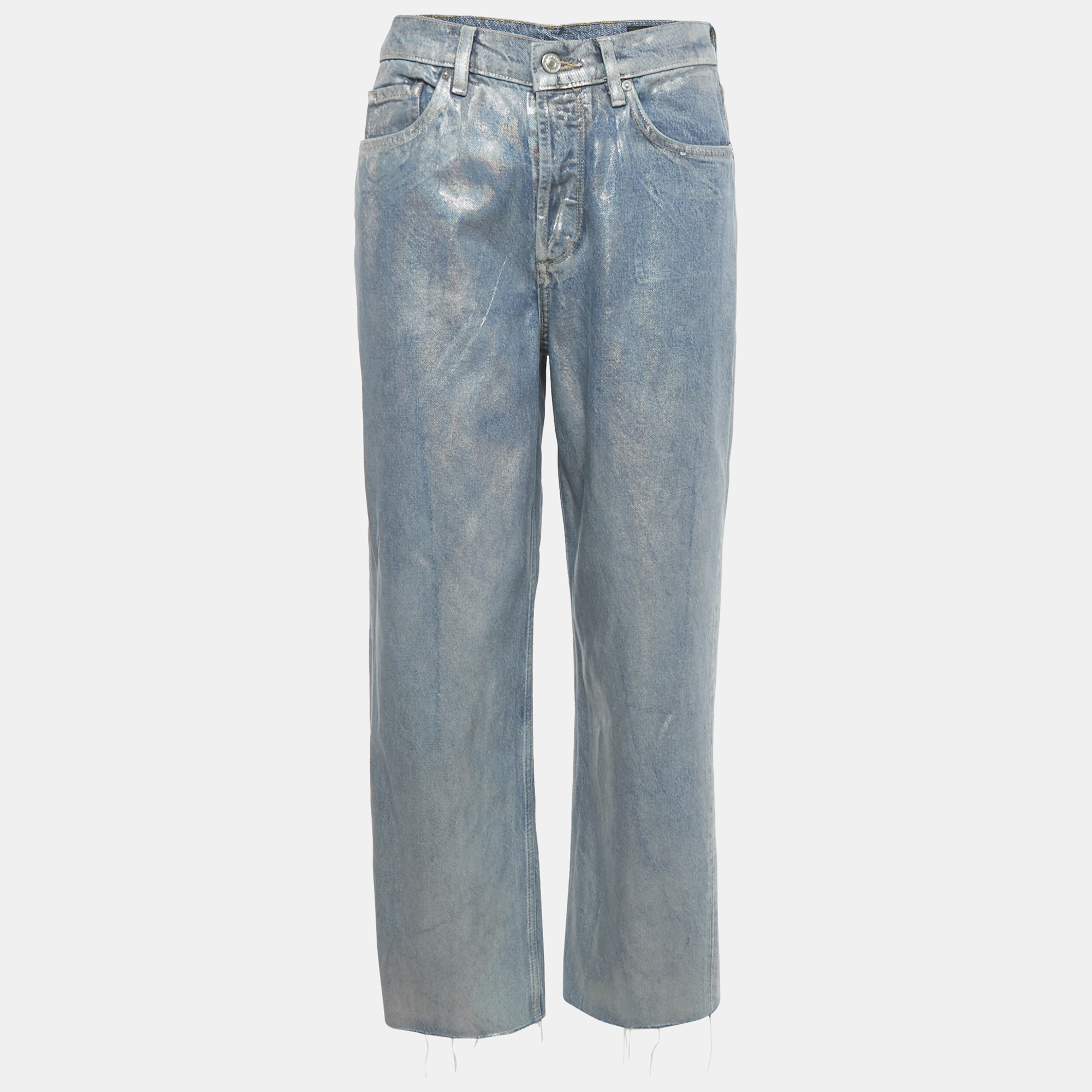 Pre-owned Allsaints Blue Metallic Coated Denim Cropped Raw Hem Jeans M Waist 28"