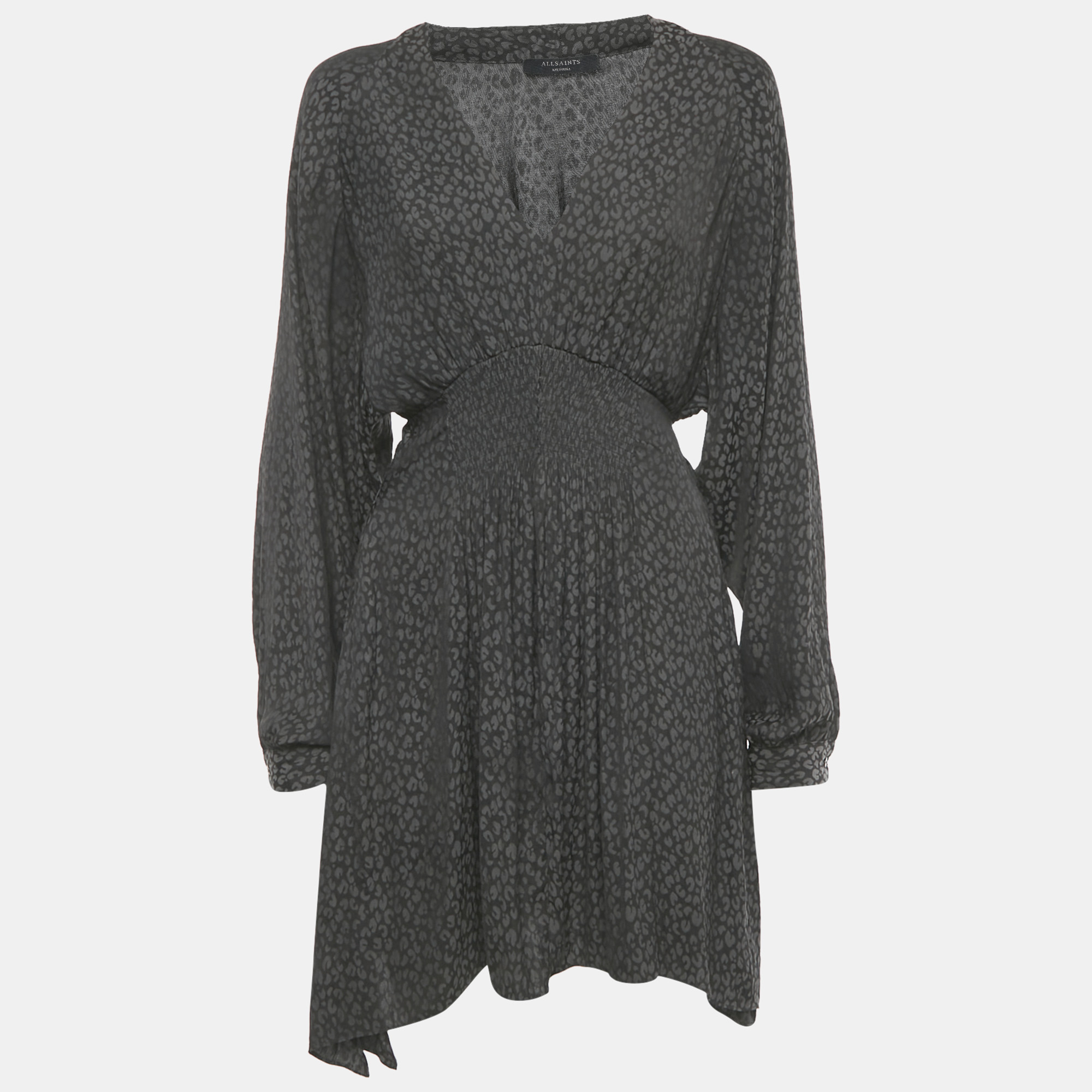 Pre-owned Allsaints Grey Nichola Leopard Print Crepe Mini Dress M In Gray