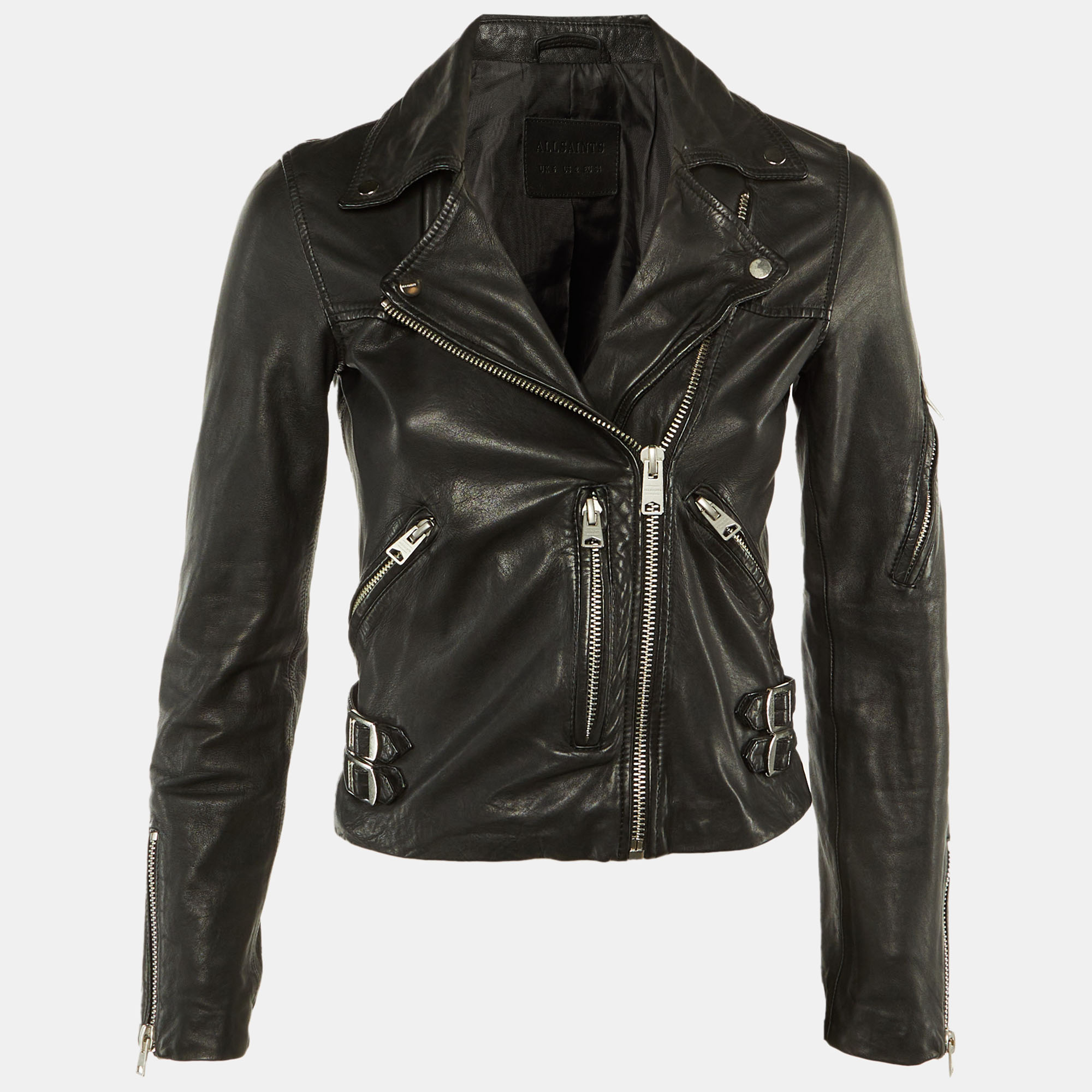 

All Saints Black Leather Prescott Biker Jacket S