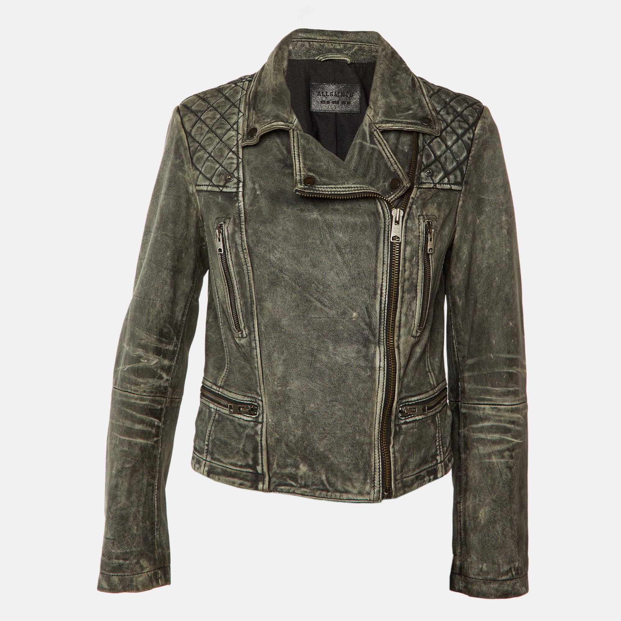 

All Saints Vintage Grey Leather Cargo Biker Jacket M