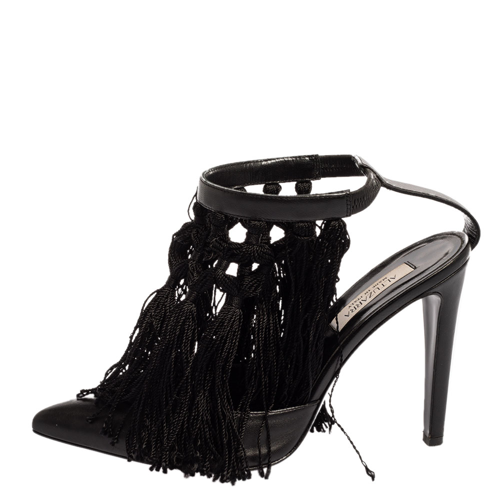 

Altuzarra Black Leather Tassel Embellished Ankle Strap Pointed Toe Pumps Size