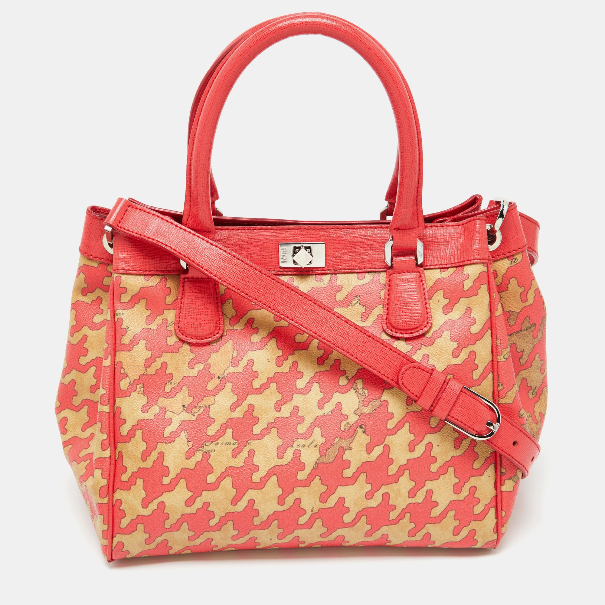 Pre-owned Alviero Martini 1a Classe Beige/red Geo Print Coated Canvas And Leather Tote