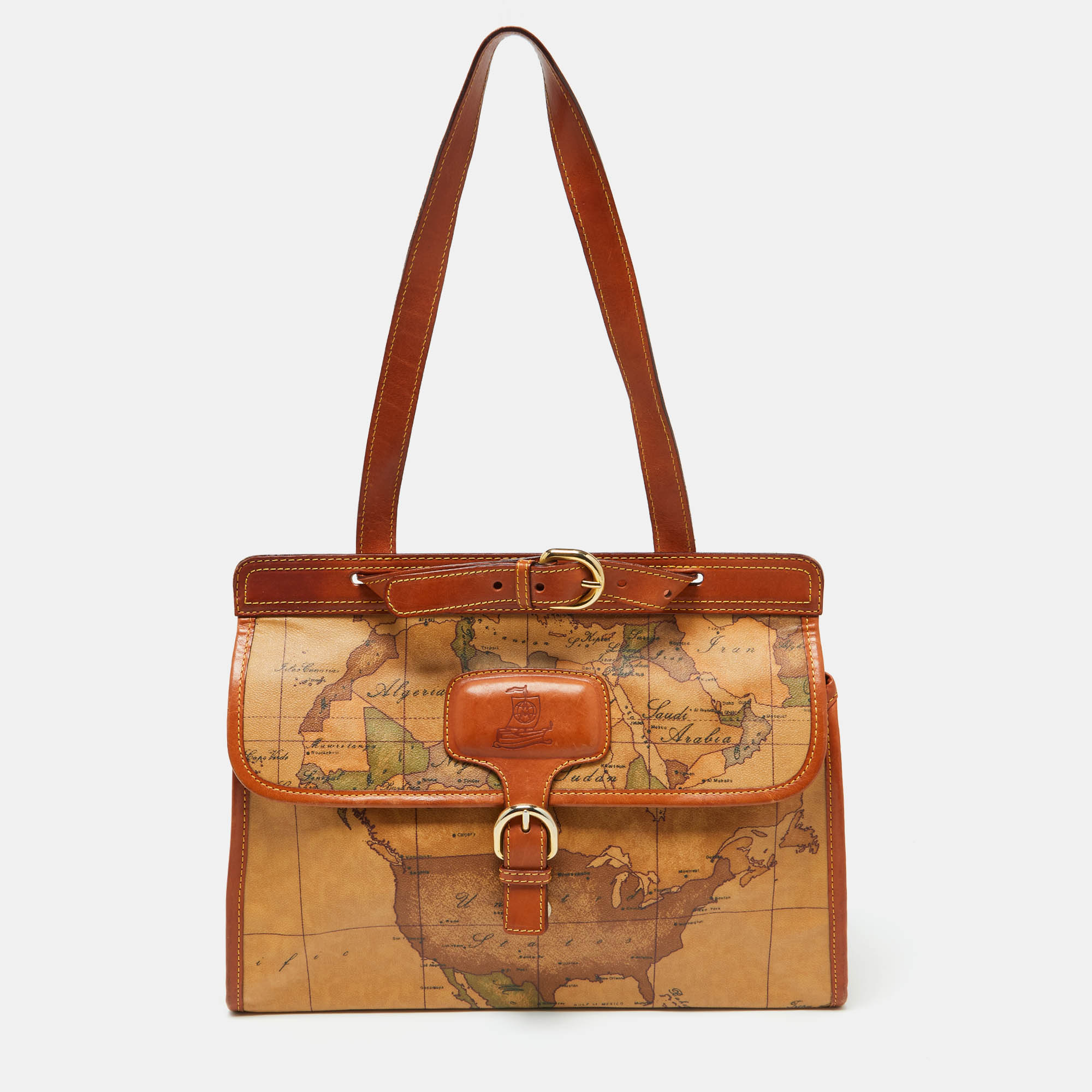 

Alviero Martini 1A Classe Tan Geo Print Coated Canvas and Leather Buckle Flap Shoulder Bag