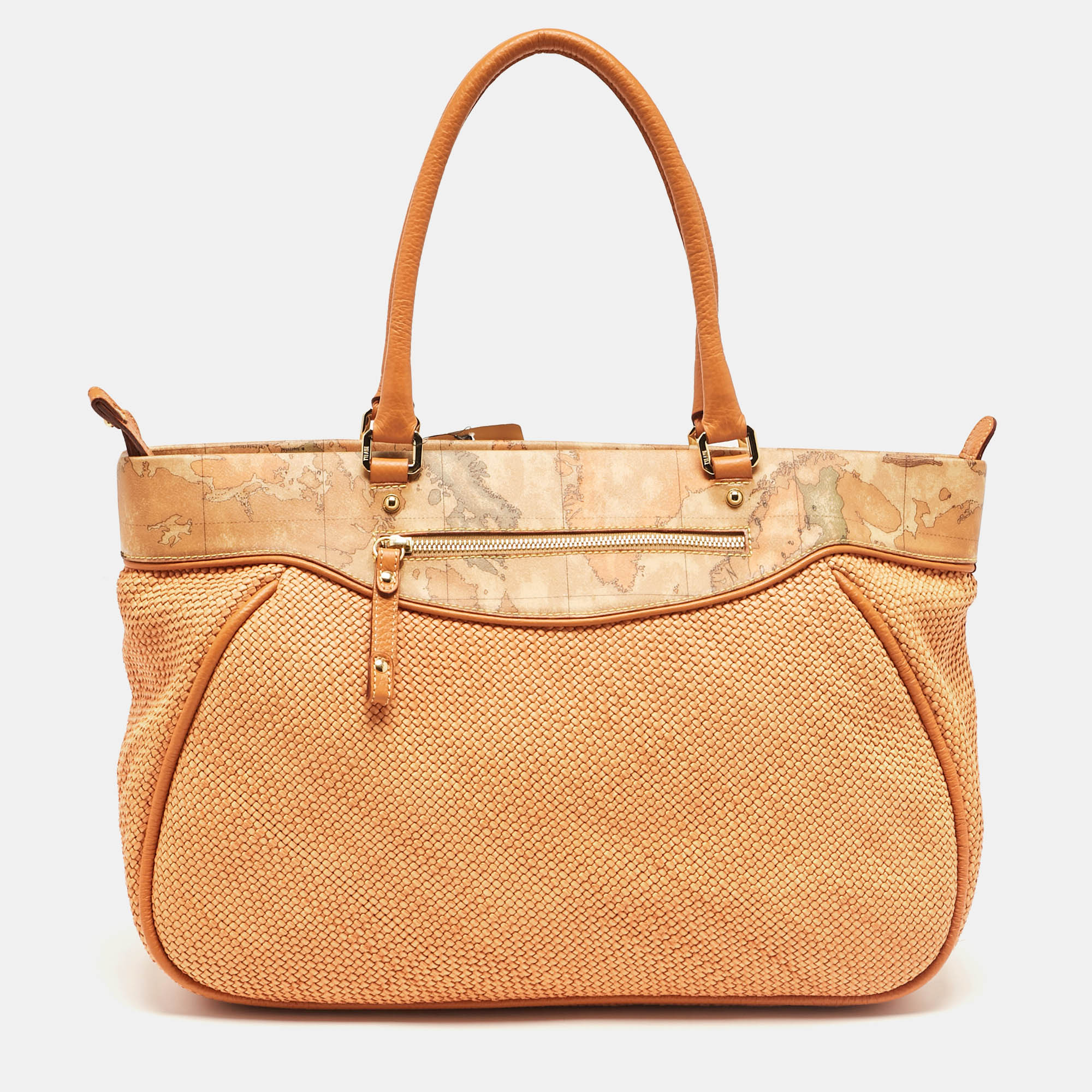 

Alviero Martini 1A Classe Orange/Tan Geo Print Coated Canvas and Woven Leather Zip Tote