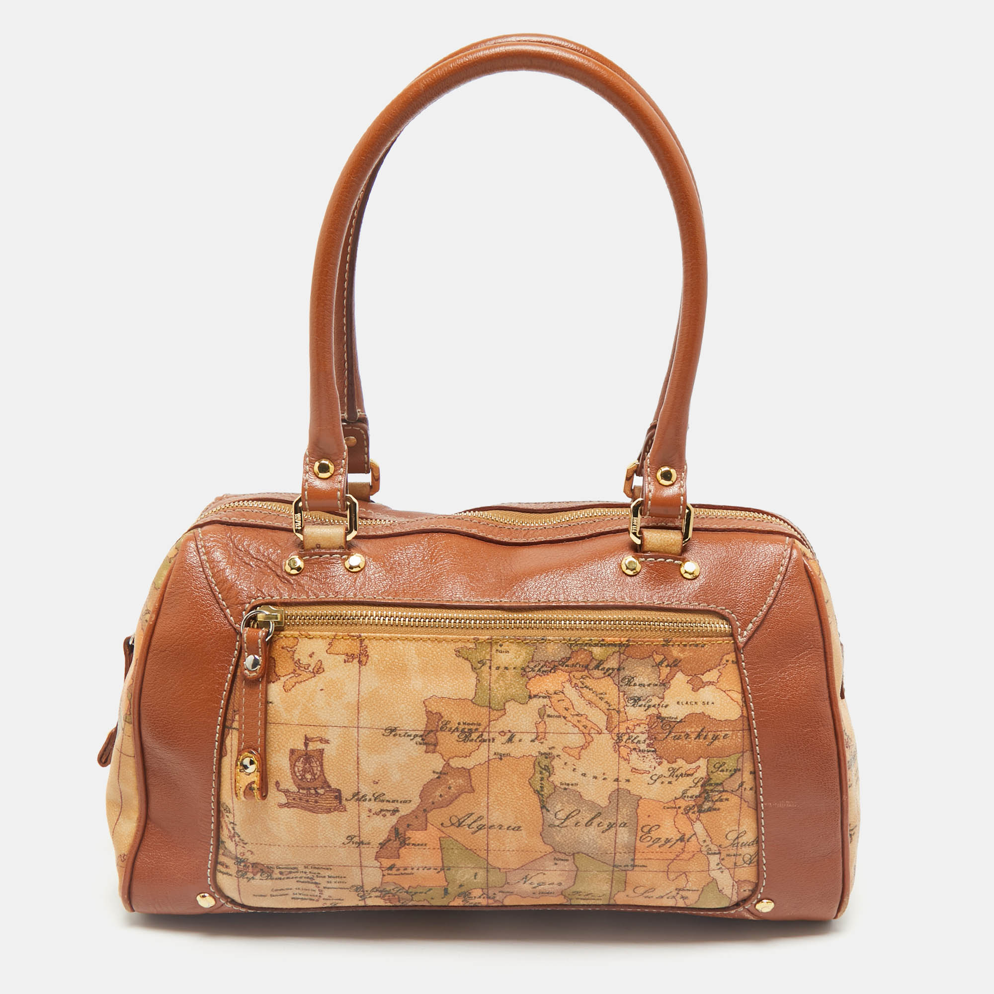 

Alviero Martini 1A Classe Tan/Brown Geo Print Coated Canvas Satchel