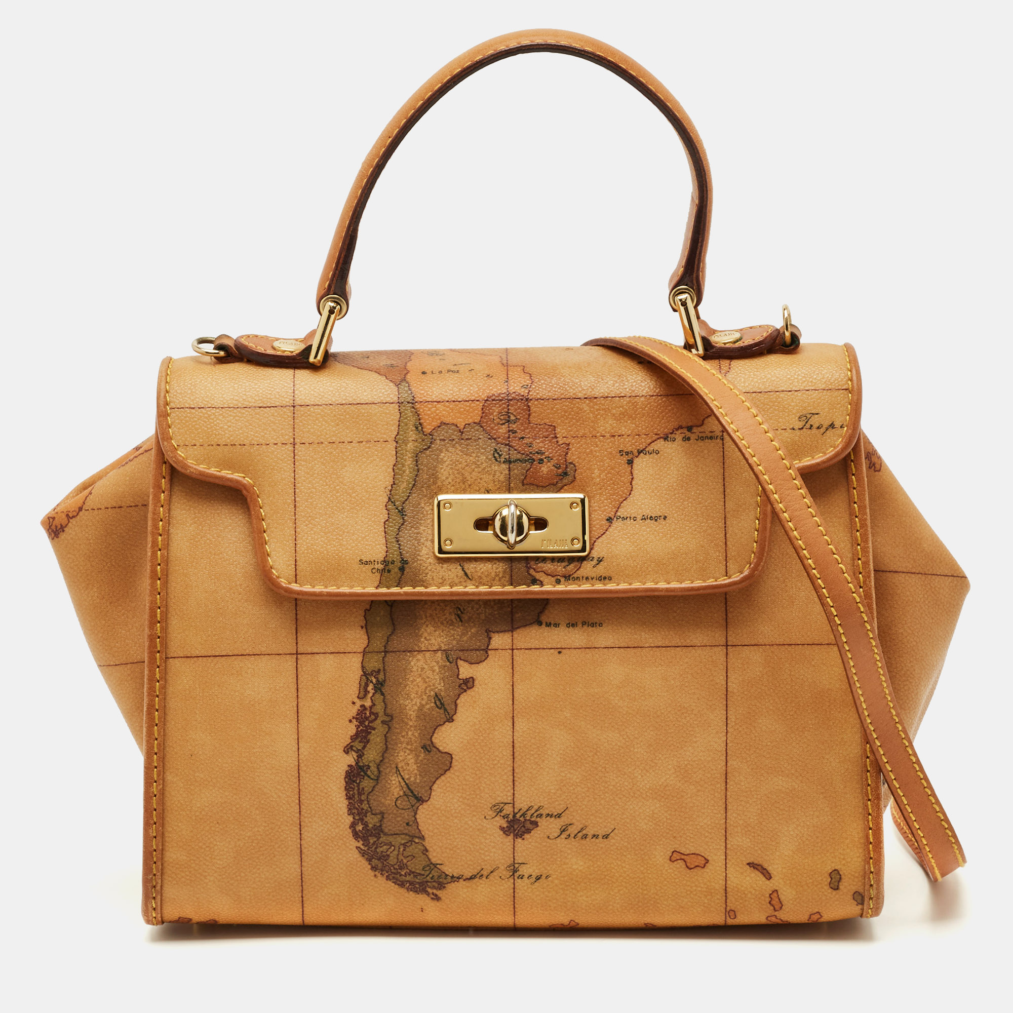 

Alviero Martini 1A Classe Tan Geo Print Coated Canvas and Leather Flap Top Handle Bag