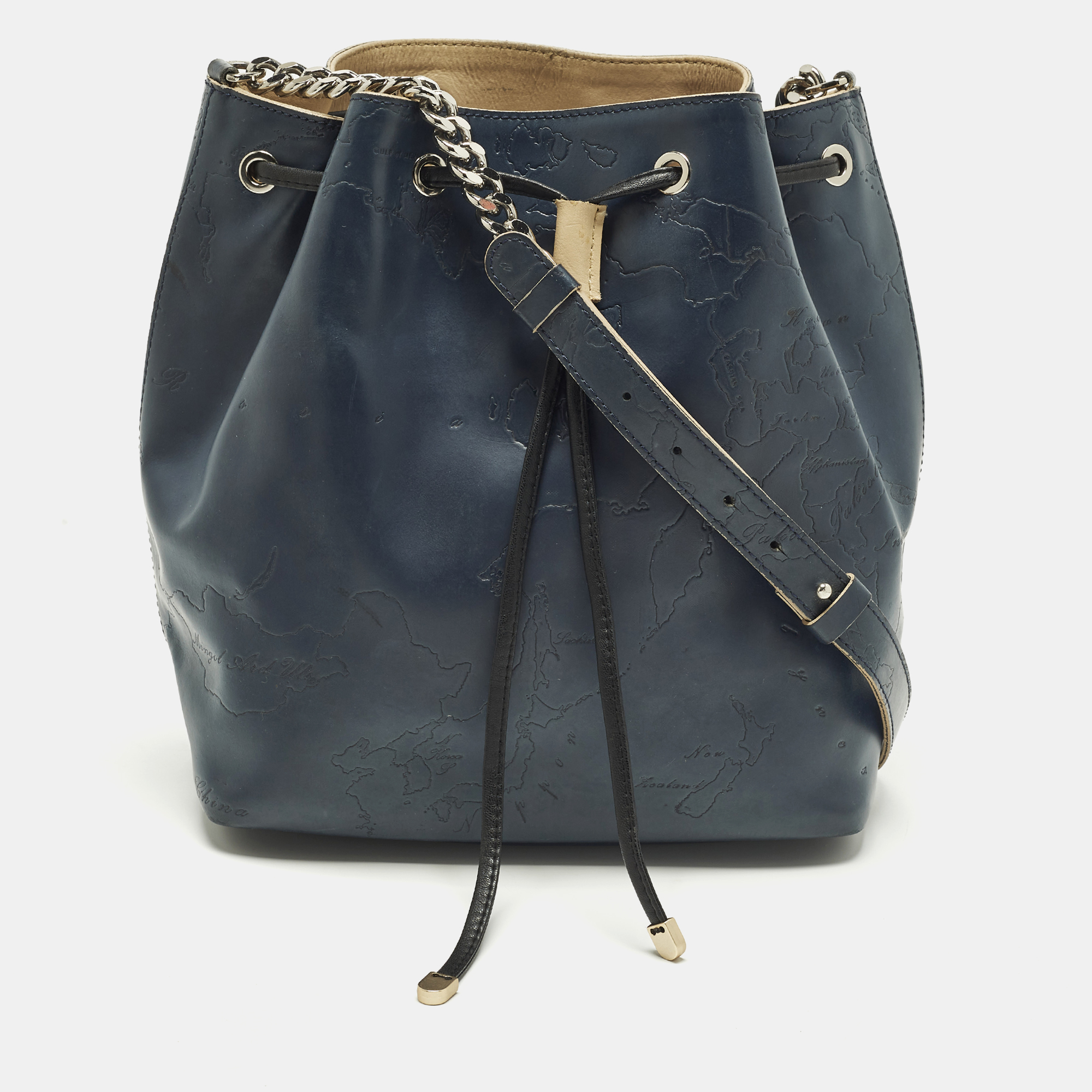 

Alviero Martini 1A Classe Navy Blue Geo Embossed Leather Drawstring Bucket Bag