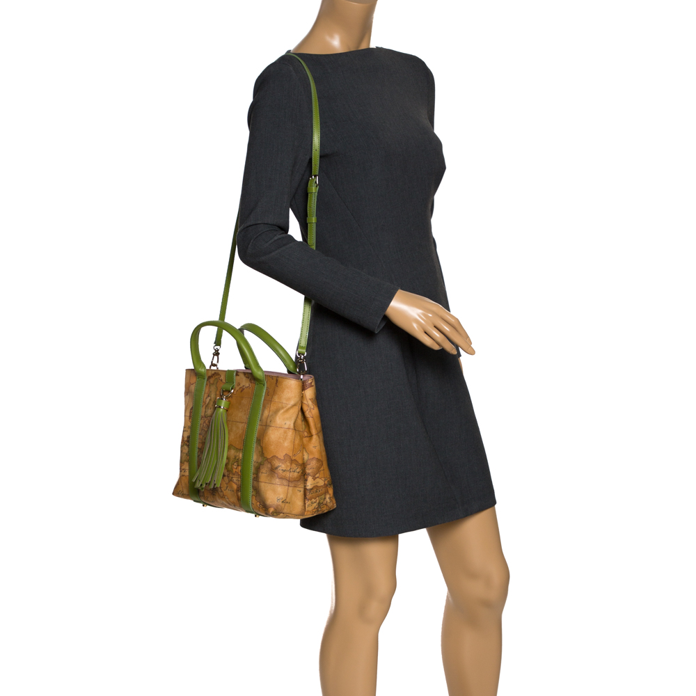 

Alviero Martini 1A Classe Green/Brown Geo Print Coated Canvas and Leather Tassel Tote