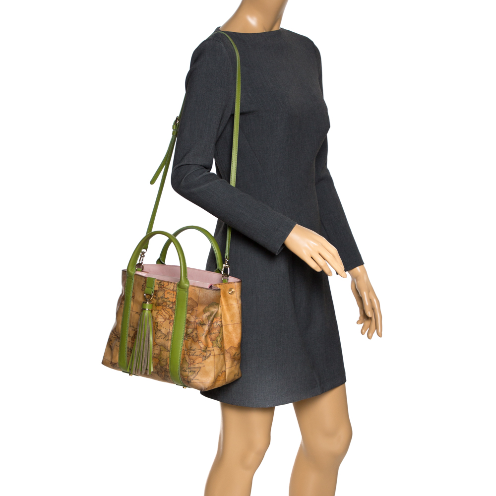 

Alviero Martini 1A Classe Beige/Green Geo Print Coated Canvas and Leather Tassel Tote