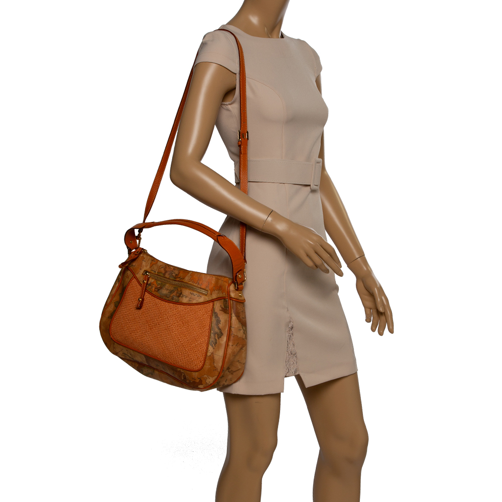 

Alviero Martini 1A Classe Orange Geo Print Coated Canvas and Woven Leather Front Pocket Hobo
