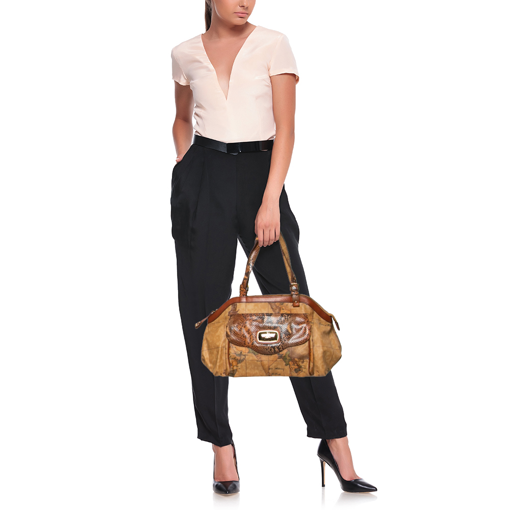 

Alviero Martini 1A Classe Beige/Brown Geo Print Coated Canvas/Python Leather Front Pocket Tote