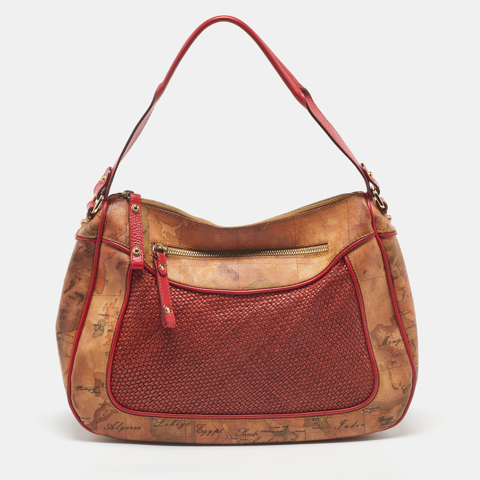 Pre-owned Alviero Martini 1a Classe Tan/ted Geo Print Coated Canvas And Woven Leather Front Pocket Hobo