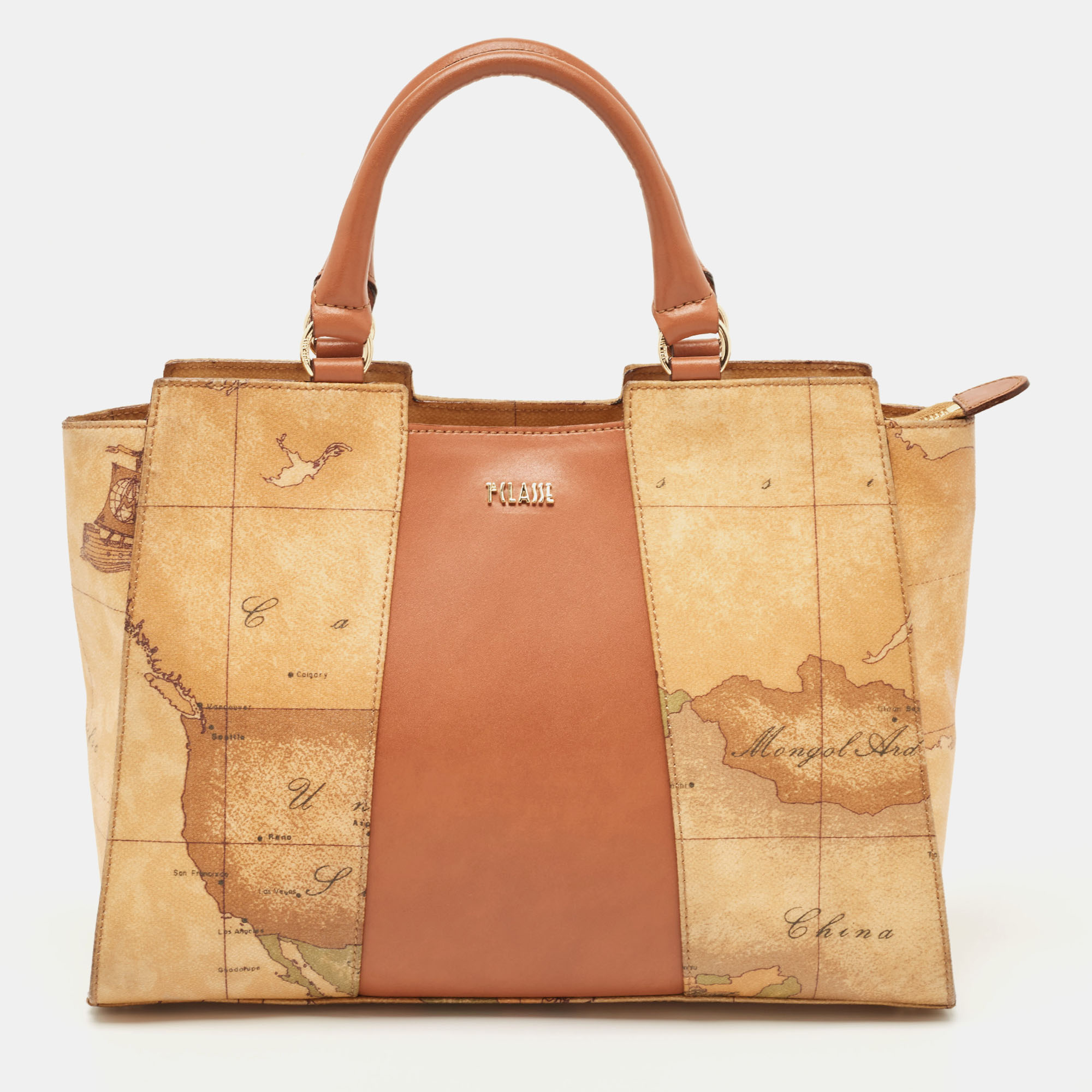 Pre-owned Alviero Martini 1a Classe Tan/brown Geo Classic Print Coated Canvas And Leather Tote