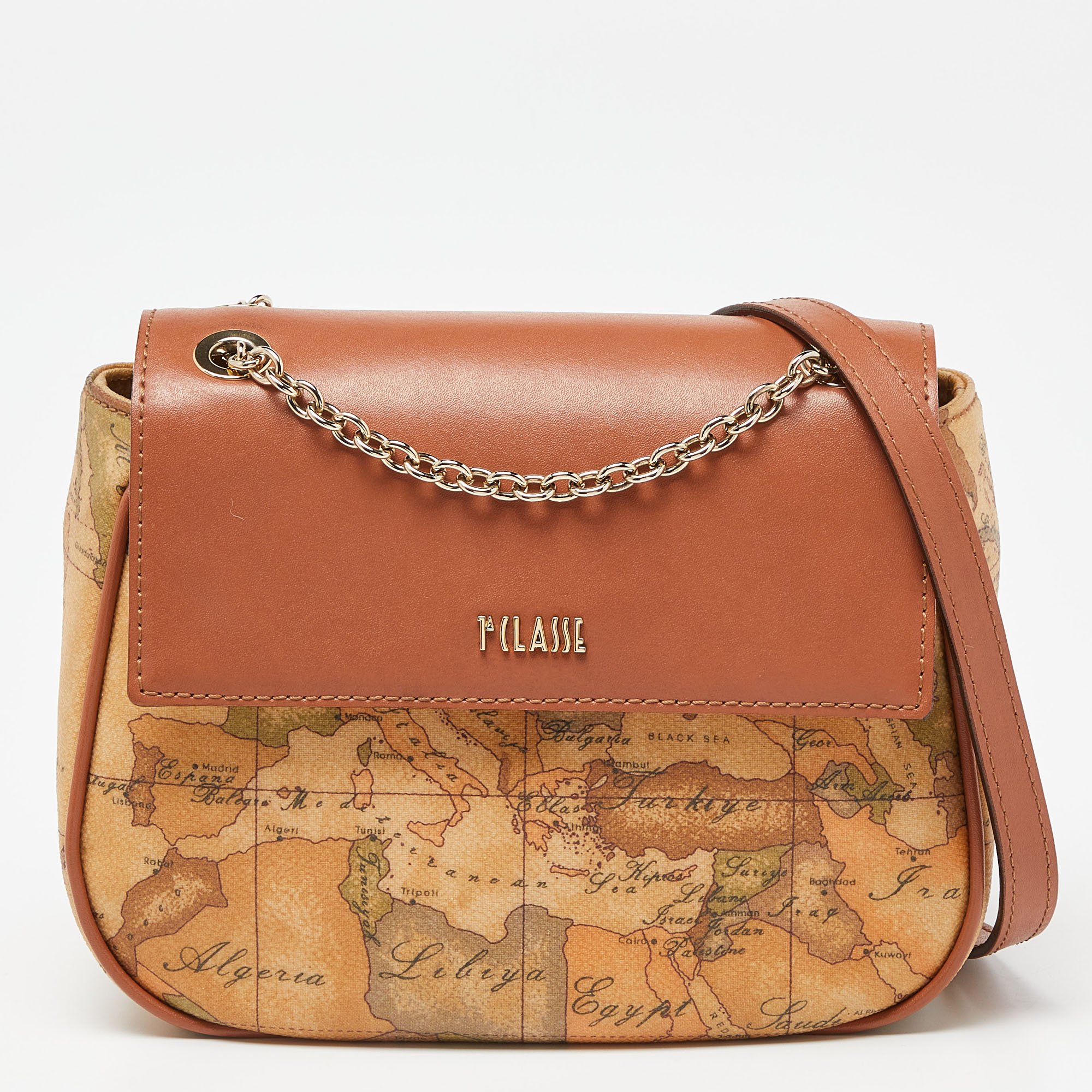 Pre Owned Alviero Martini 1A Classe Brown Geo Print Coated Canvas and Leather Shoulder Bag