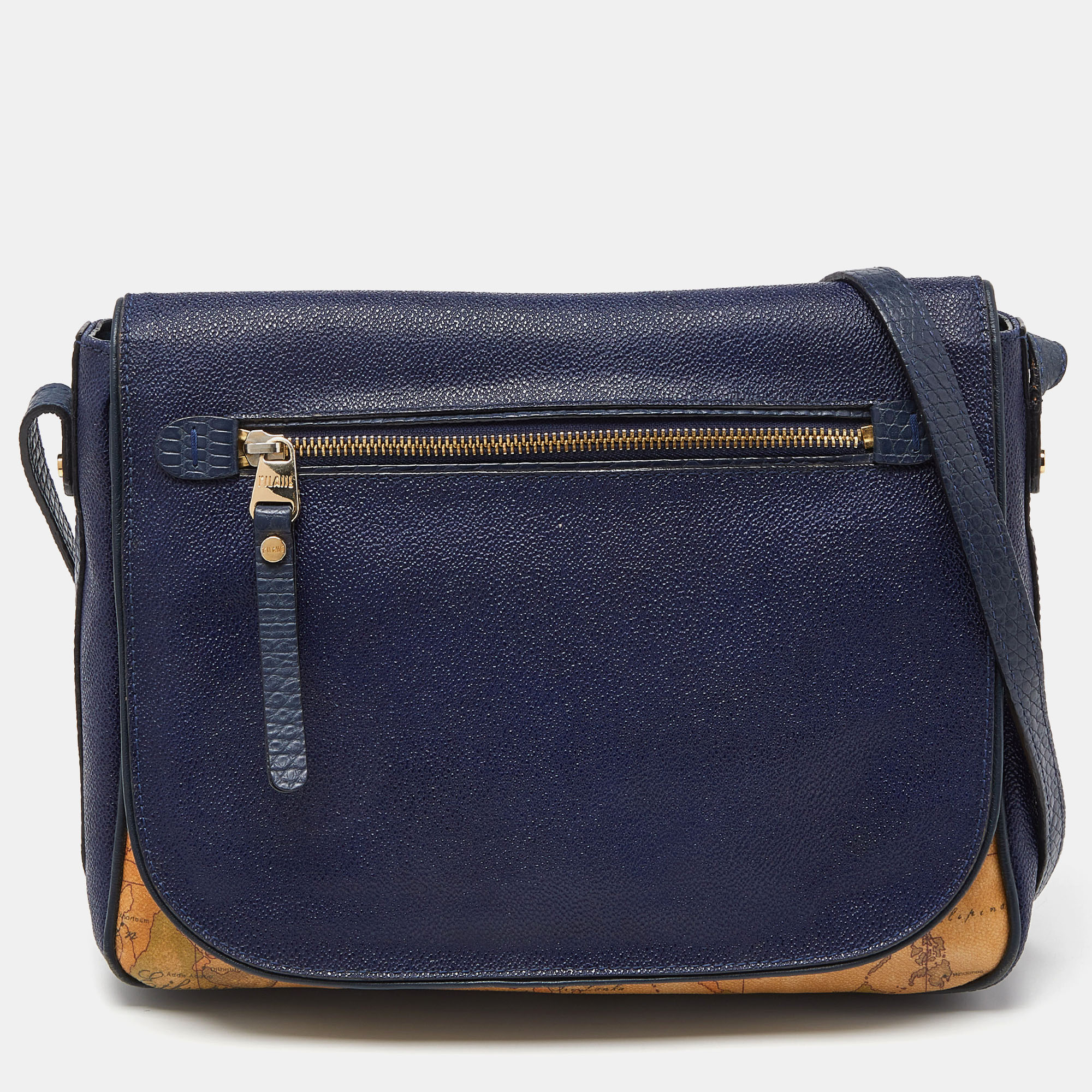 Pre-owned Alviero Martini 1a Classe Tan/blue Geo Print Coated Canvas And Leather Crossbody Bag