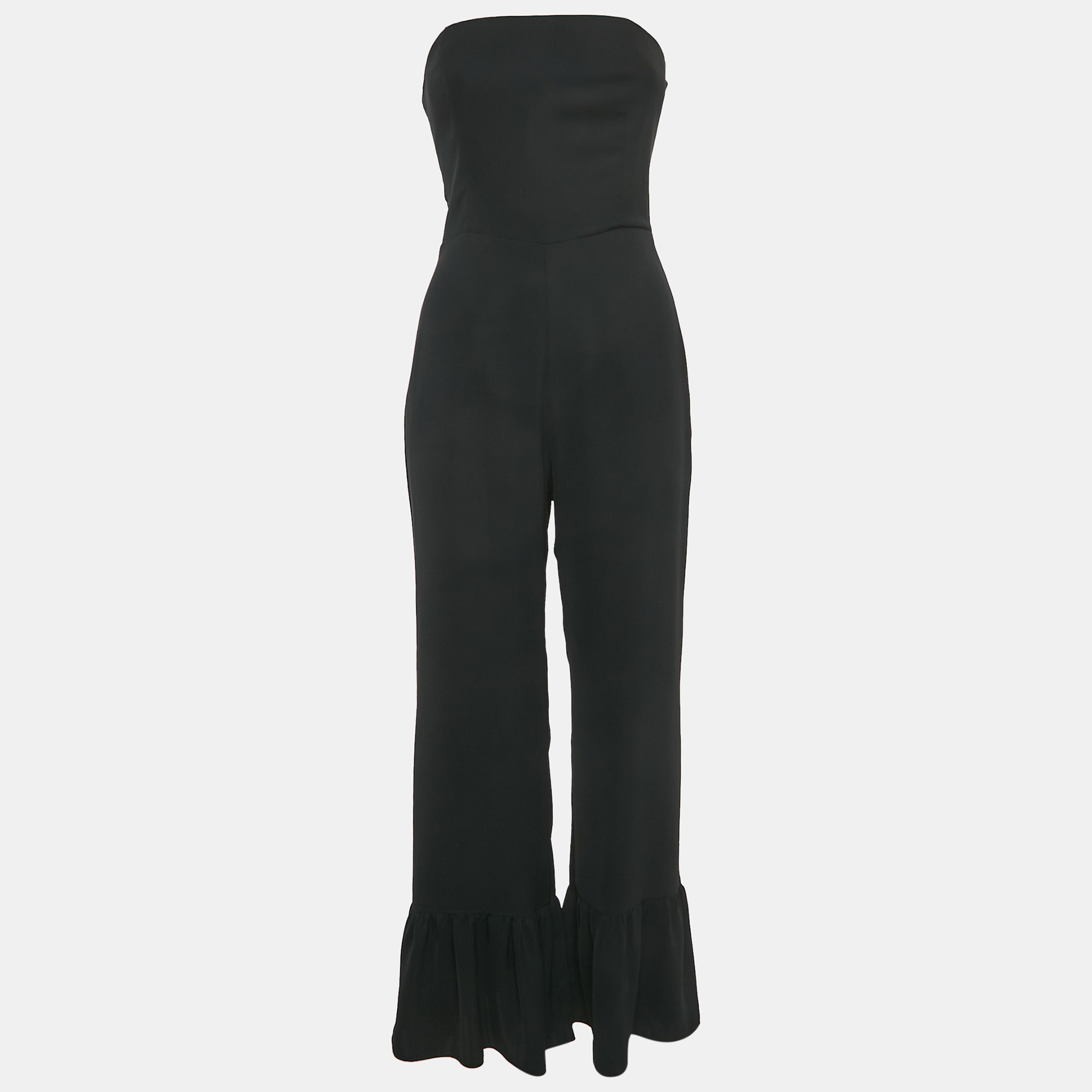 

Amanda Uprichard Black Crepe Strapless Flounced Hem Jumpsuit S