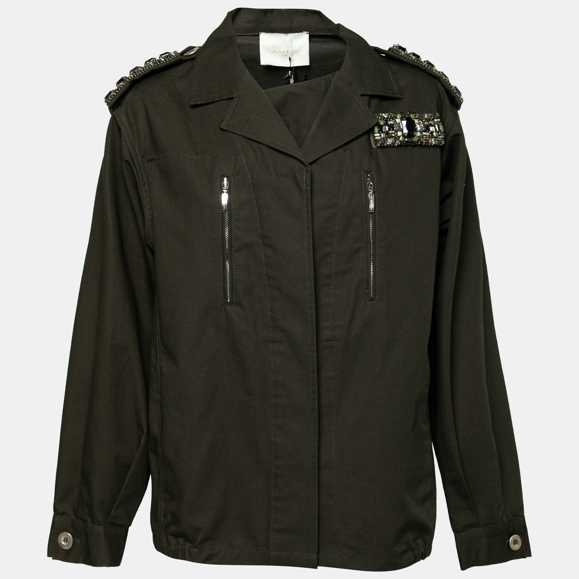 

Amen Dark Green Cotton Crystal Embellished Epaulette Detail Military Jacket