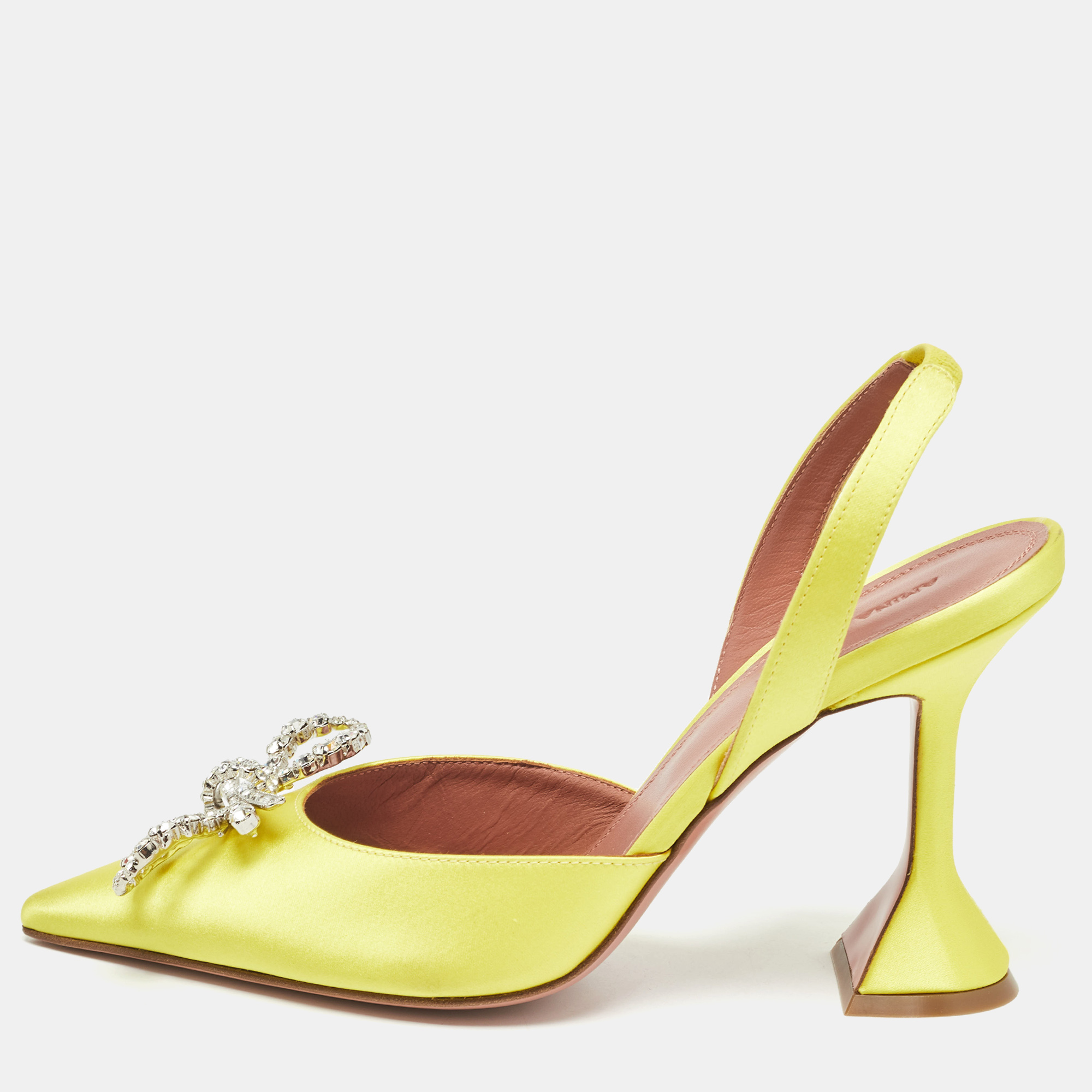 

Amina Muaddi Yellow Satin Crystal Embellished Pointed Toe Slingback Pumps Size