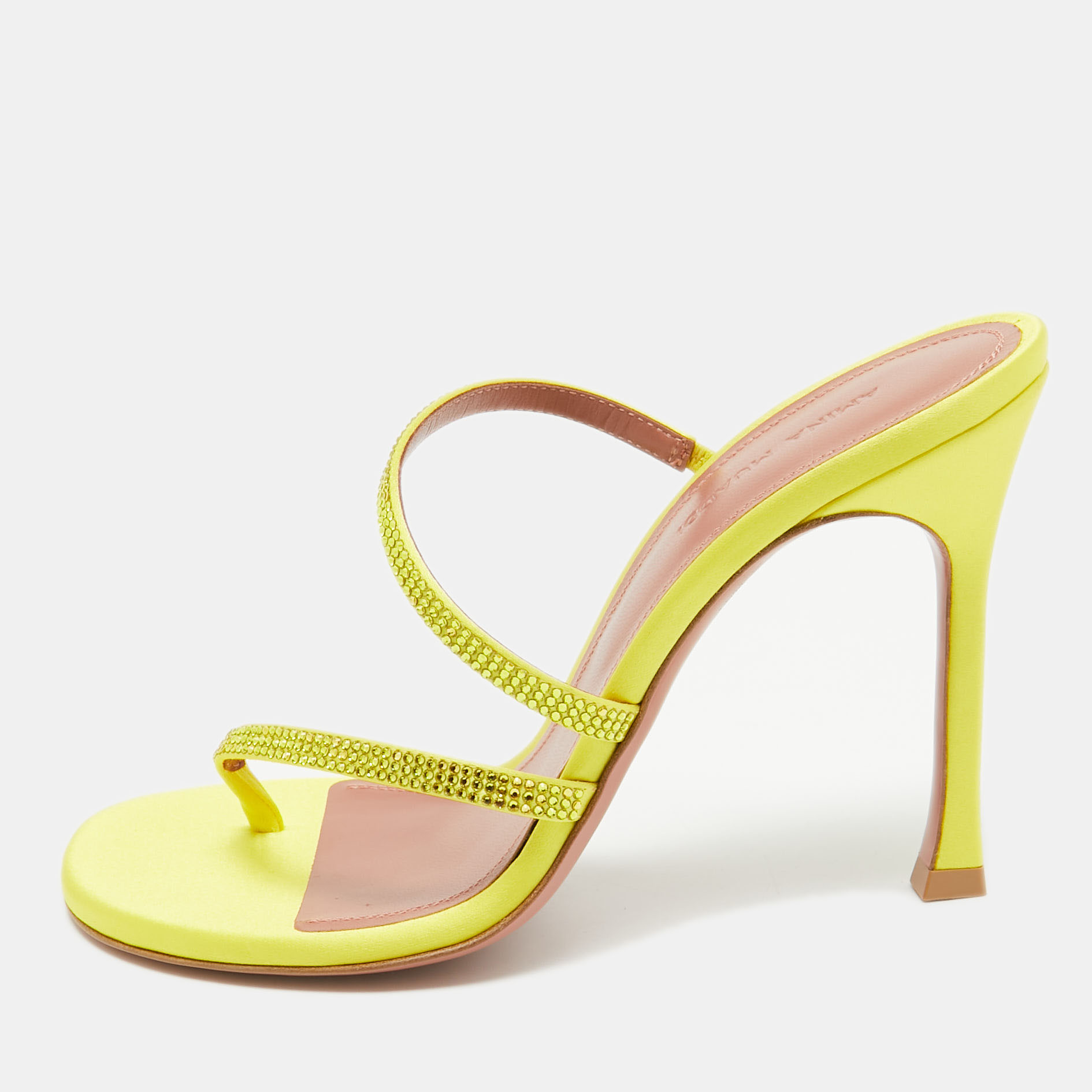 

Amina Muaddi Yellow Crystal Embellished Satin Ami 105 Slide Sandals Size